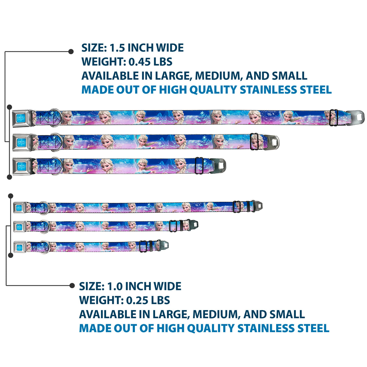 FROZEN Logo Full Color Blues Seatbelt Buckle Collar - Elsa the Snow Queen Poses/Castle & Snowy Mountains Blue-Pink Fade Dog Collars Seatbelt Buckle Disney