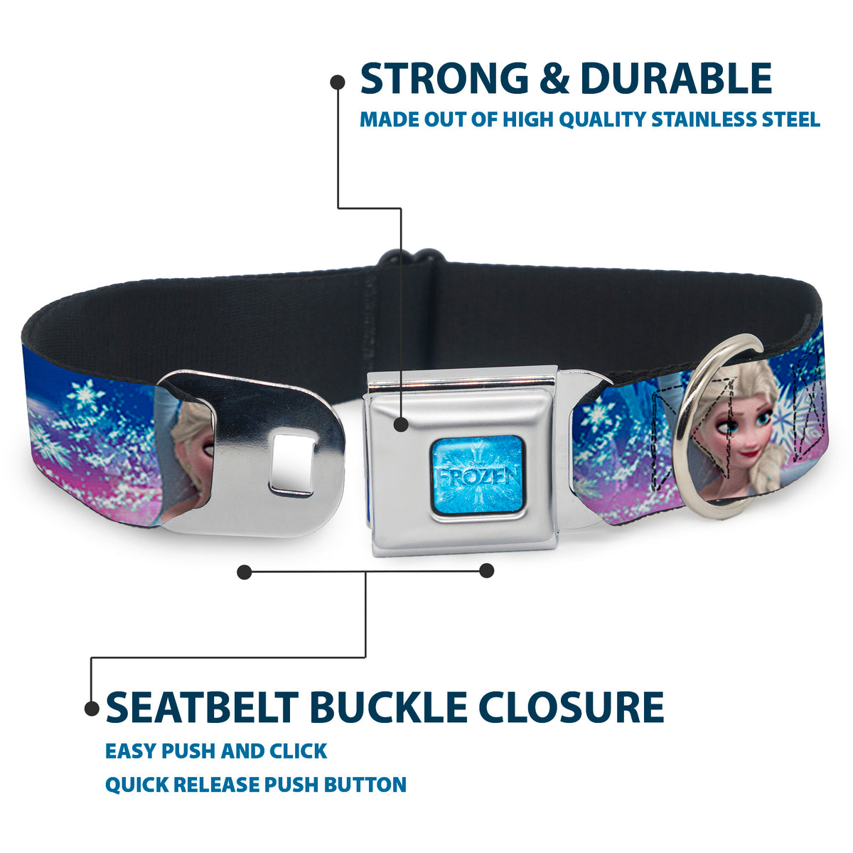 FROZEN Logo Full Color Blues Seatbelt Buckle Collar - Elsa the Snow Queen Poses/Castle & Snowy Mountains Blue-Pink Fade Dog Collars Seatbelt Buckle Disney