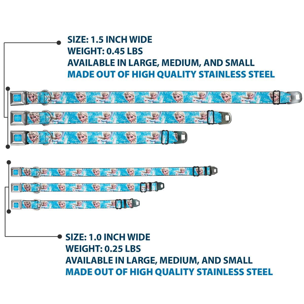FROZEN Logo Full Color Blues Seatbelt Buckle Collar - Frozen Elsa Face/Action Pose/Snowflakes Blues/White Dog Collars Seatbelt Buckle Disney