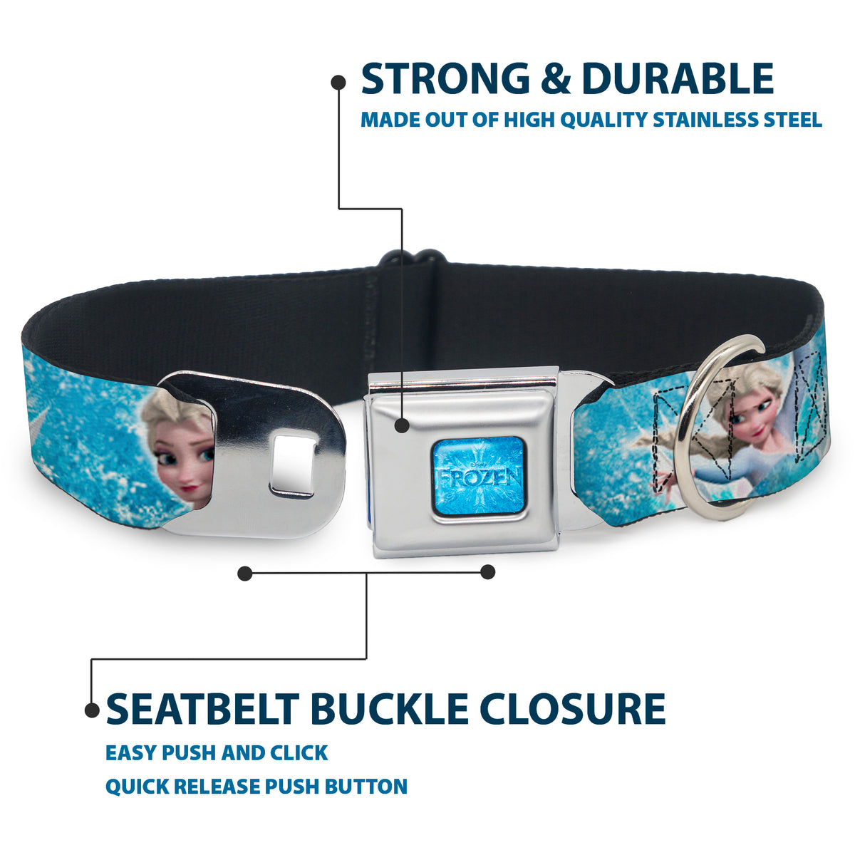 FROZEN Logo Full Color Blues Seatbelt Buckle Collar - Frozen Elsa Face/Action Pose/Snowflakes Blues/White Dog Collars Seatbelt Buckle Disney