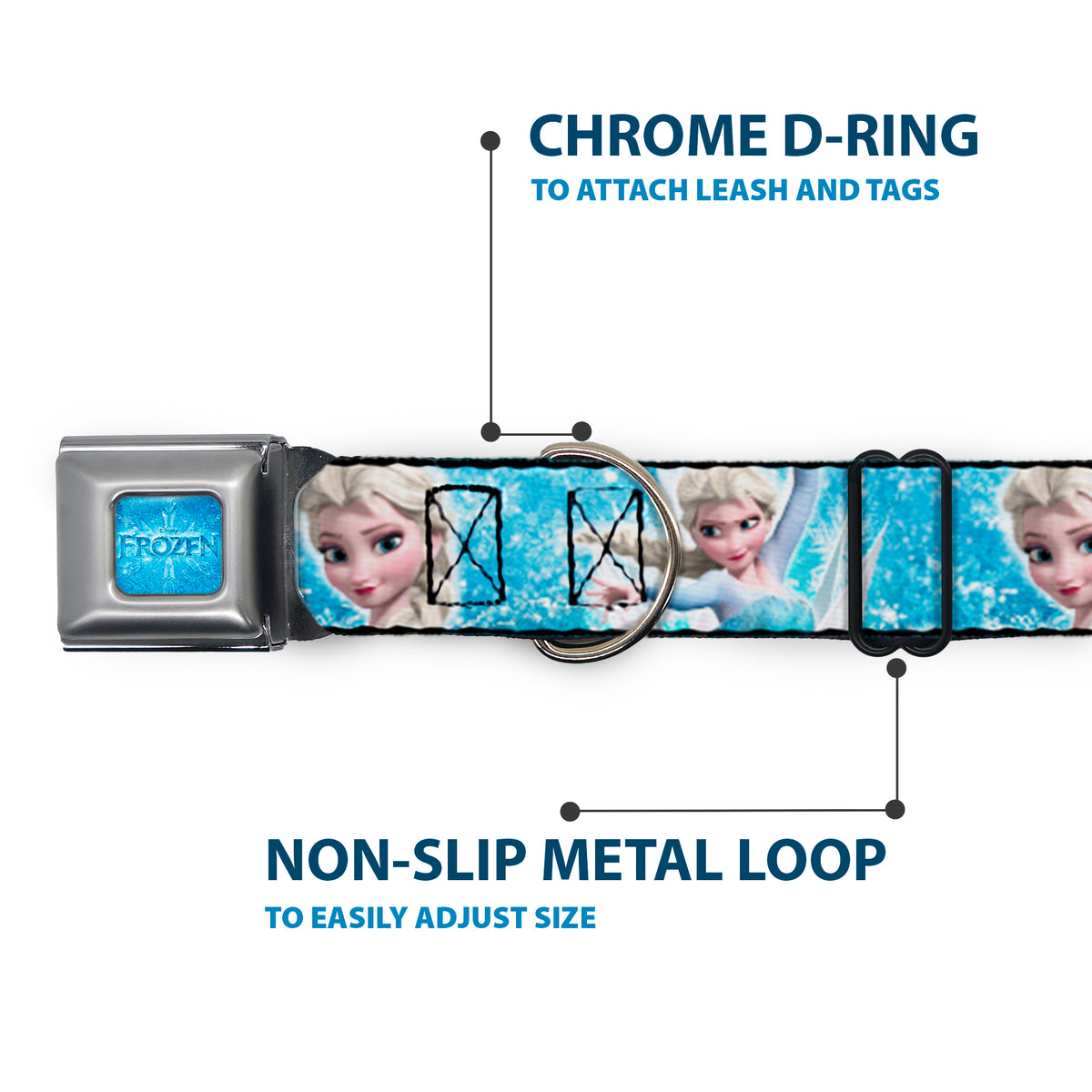 FROZEN Logo Full Color Blues Seatbelt Buckle Collar - Frozen Elsa Face/Action Pose/Snowflakes Blues/White Dog Collars Seatbelt Buckle Disney