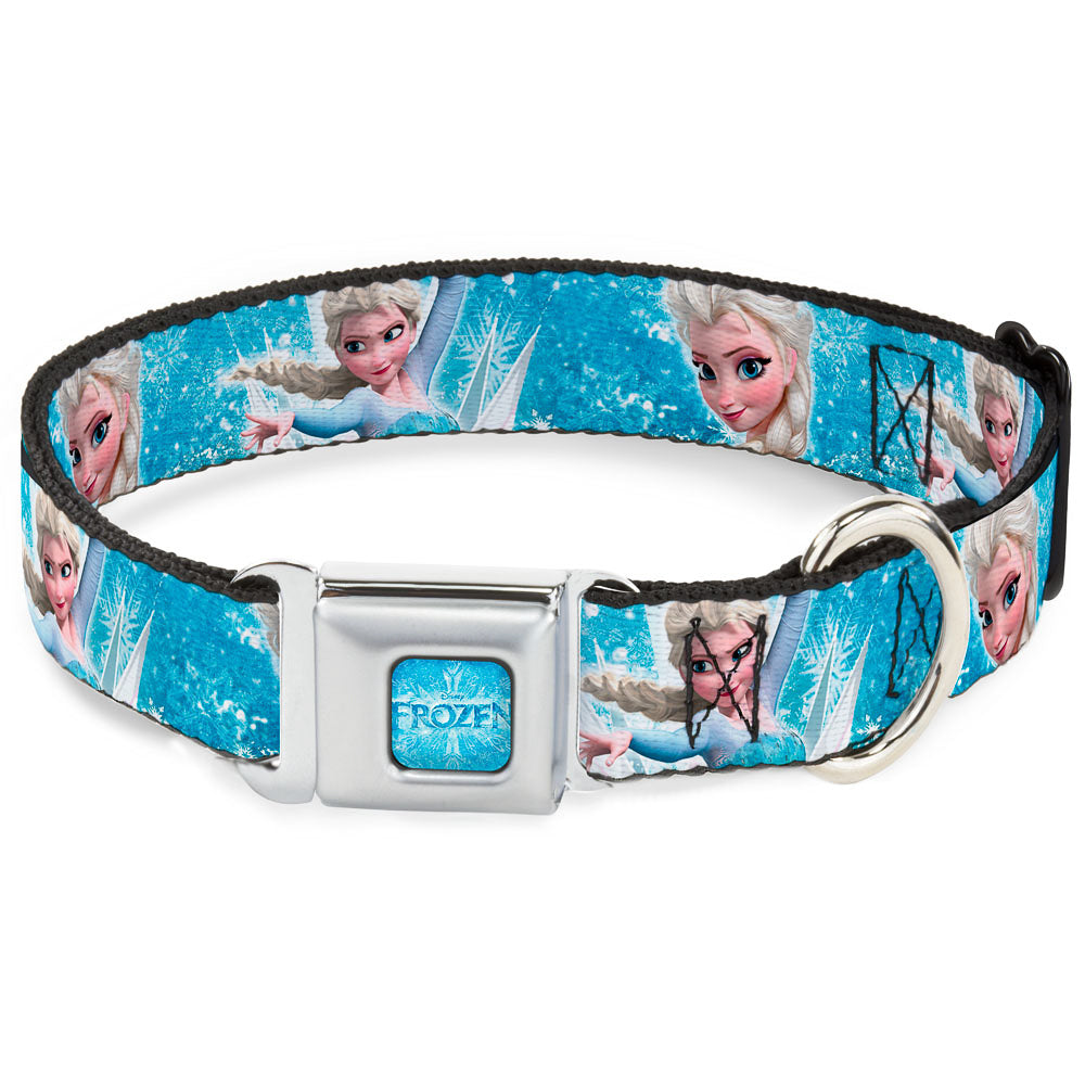 FROZEN Logo Full Color Blues Seatbelt Buckle Collar - Frozen Elsa Face/Action Pose/Snowflakes Blues/White Dog Collars Seatbelt Buckle Disney