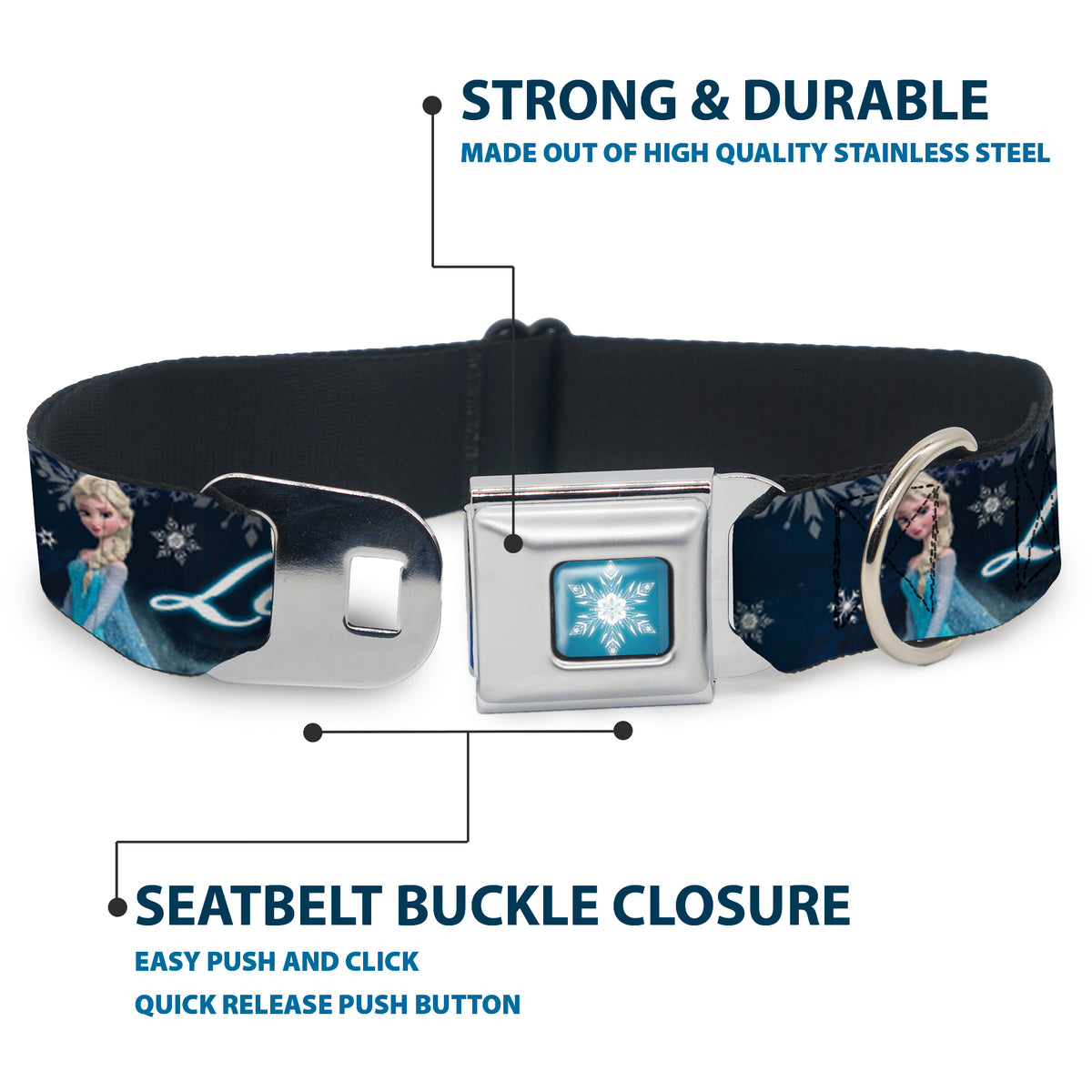 Frozen Snowflake Full Color Blue White Seatbelt Buckle Collar - Elsa the Snow Queen Poses/Snowflakes LET IT GO Blues/White Dog Collars Seatbelt Buckle Disney