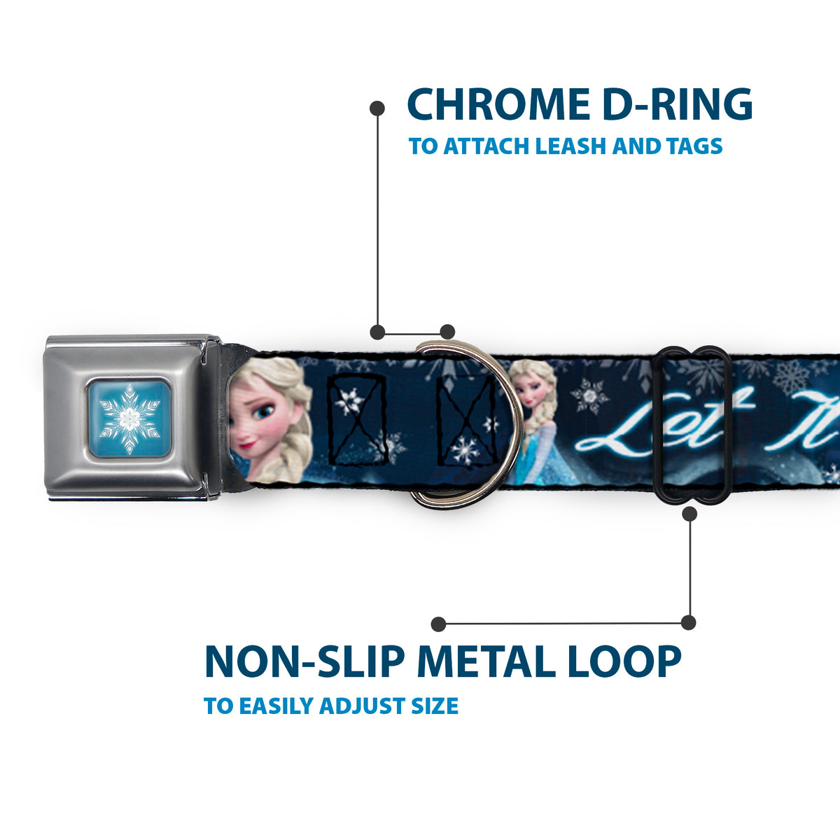 Frozen Snowflake Full Color Blue White Seatbelt Buckle Collar - Elsa the Snow Queen Poses/Snowflakes LET IT GO Blues/White Dog Collars Seatbelt Buckle Disney