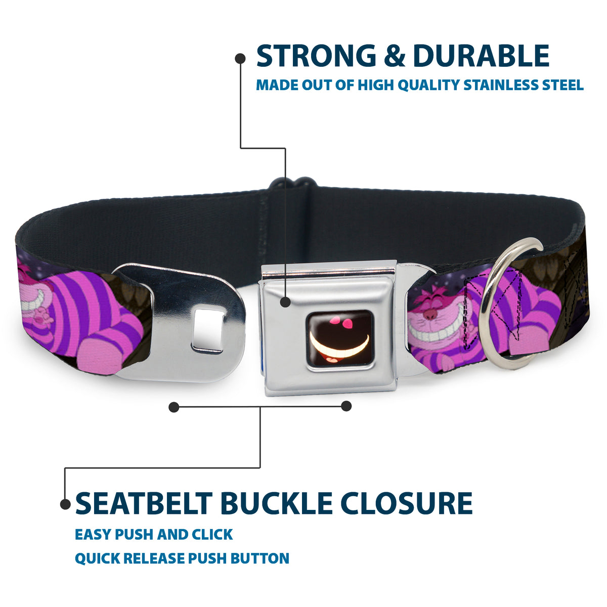 Cheshire Cat Eyes Smile Full Color Seatbelt Buckle Collar - Cheshire Cat Tree Poses Dog Collars Seatbelt Buckle Disney
