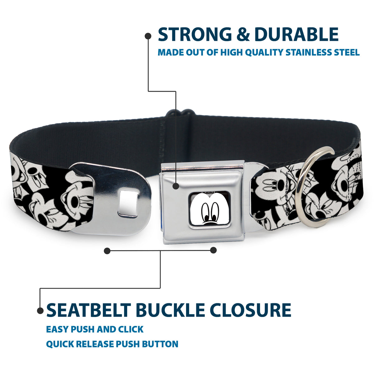 Mickey Mouse Face CLOSE-UP Full Color White Black Seatbelt Buckle Collar - Mickey Mouse Expressions Stacked White/Black Dog Collars Seatbelt Buckle Disney