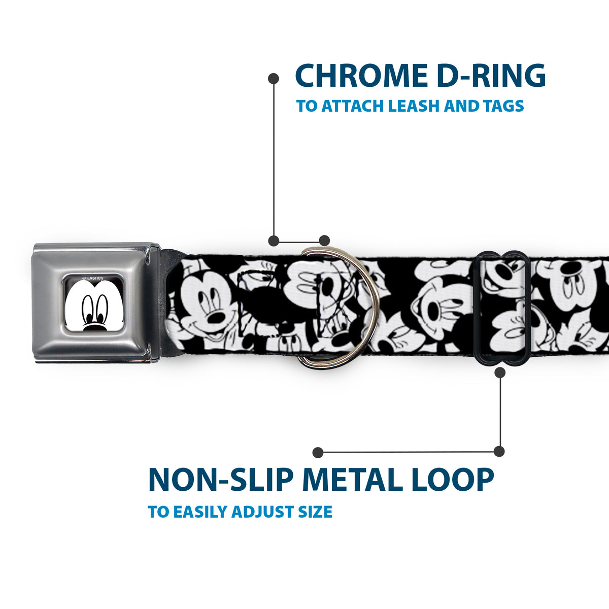 Mickey Mouse Face CLOSE-UP Full Color White Black Seatbelt Buckle Collar - Mickey Mouse Expressions Stacked White/Black Dog Collars Seatbelt Buckle Disney