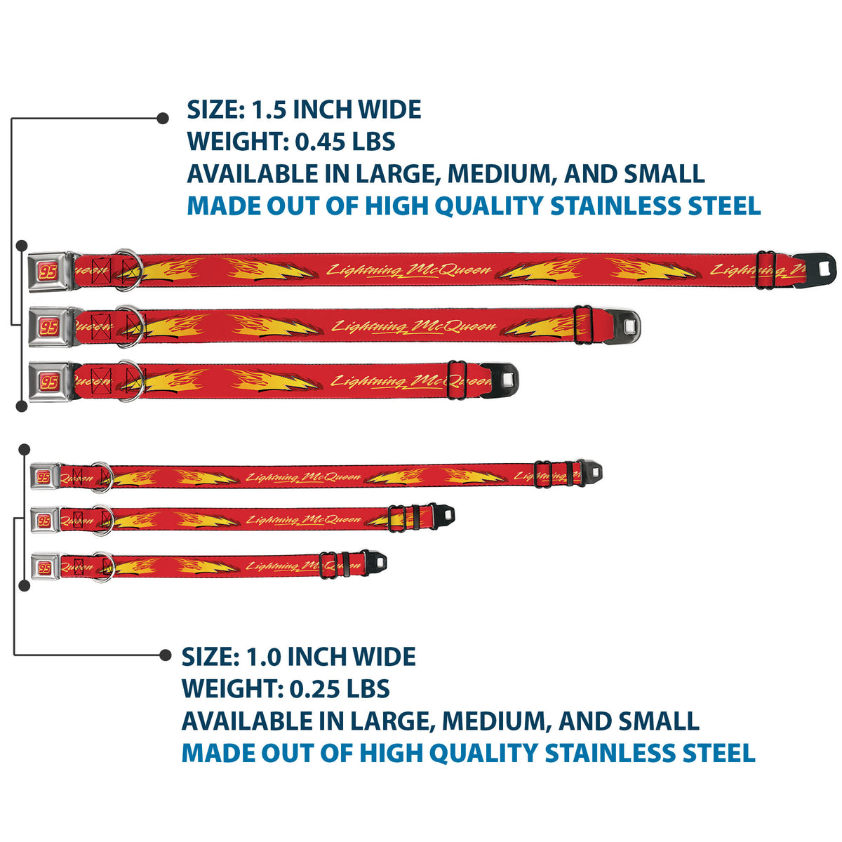Cars Lightning McQueen Number 95 Full Color Red/Yellow Seatbelt Buckle Collar - Cars LIGHTNING MC QUEEN Text with Bolt Flames Red/Yellows Dog Collars Seatbelt Buckle Disney