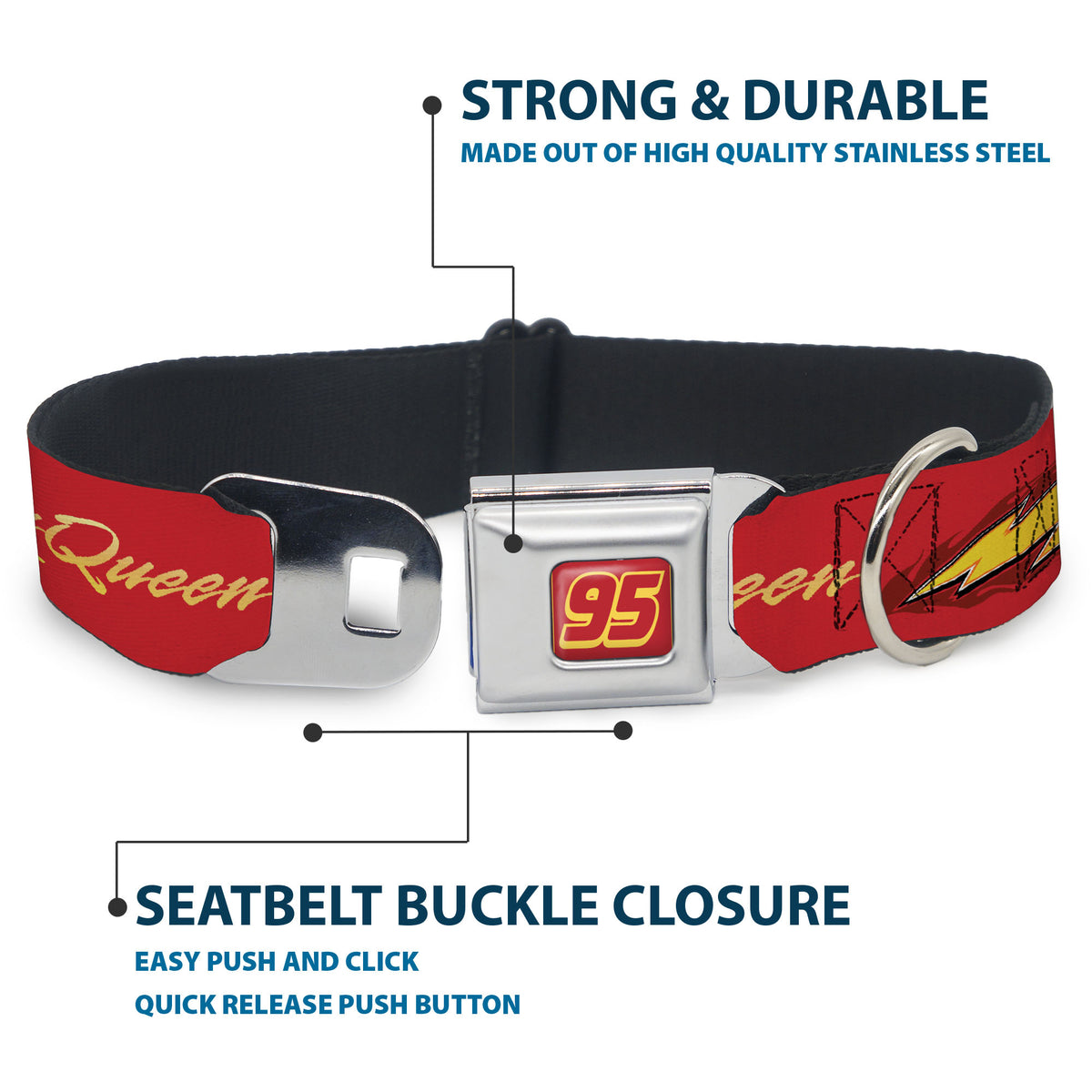 Cars Lightning McQueen Number 95 Full Color Red/Yellow Seatbelt Buckle Collar - Cars LIGHTNING MC QUEEN Text with Bolt Flames Red/Yellows Dog Collars Seatbelt Buckle Disney