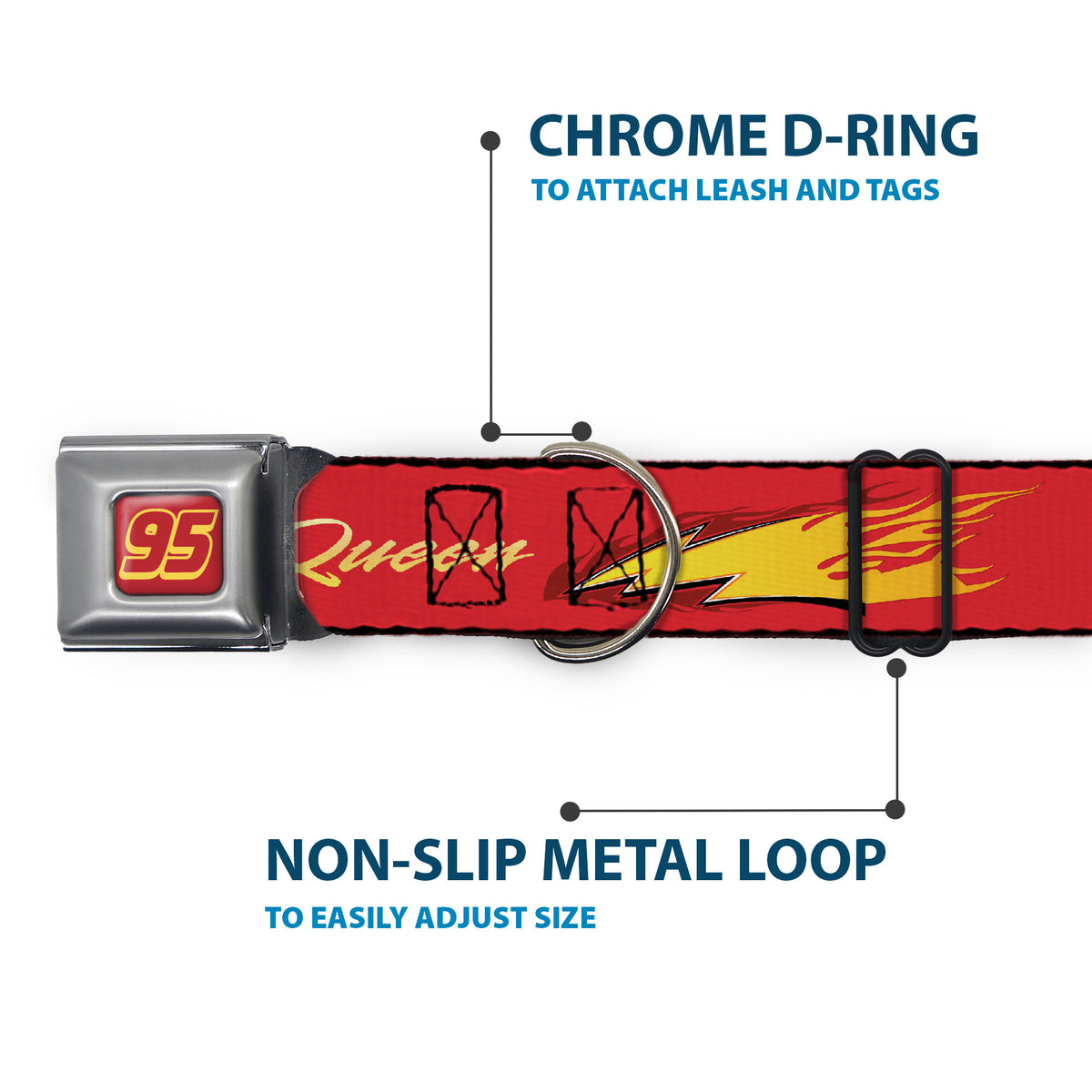 Cars Lightning McQueen Number 95 Full Color Red/Yellow Seatbelt Buckle Collar - Cars LIGHTNING MC QUEEN Text with Bolt Flames Red/Yellows Dog Collars Seatbelt Buckle Disney