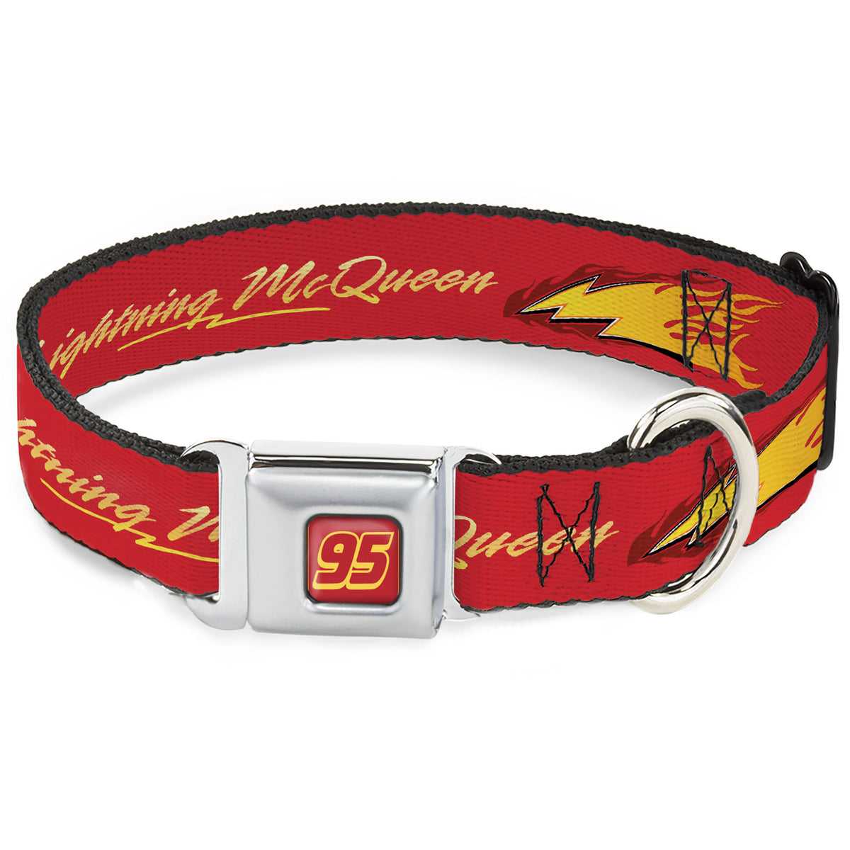 Cars Lightning McQueen Number 95 Full Color Red/Yellow Seatbelt Buckle Collar - Cars LIGHTNING MC QUEEN Text with Bolt Flames Red/Yellows Dog Collars Seatbelt Buckle Disney