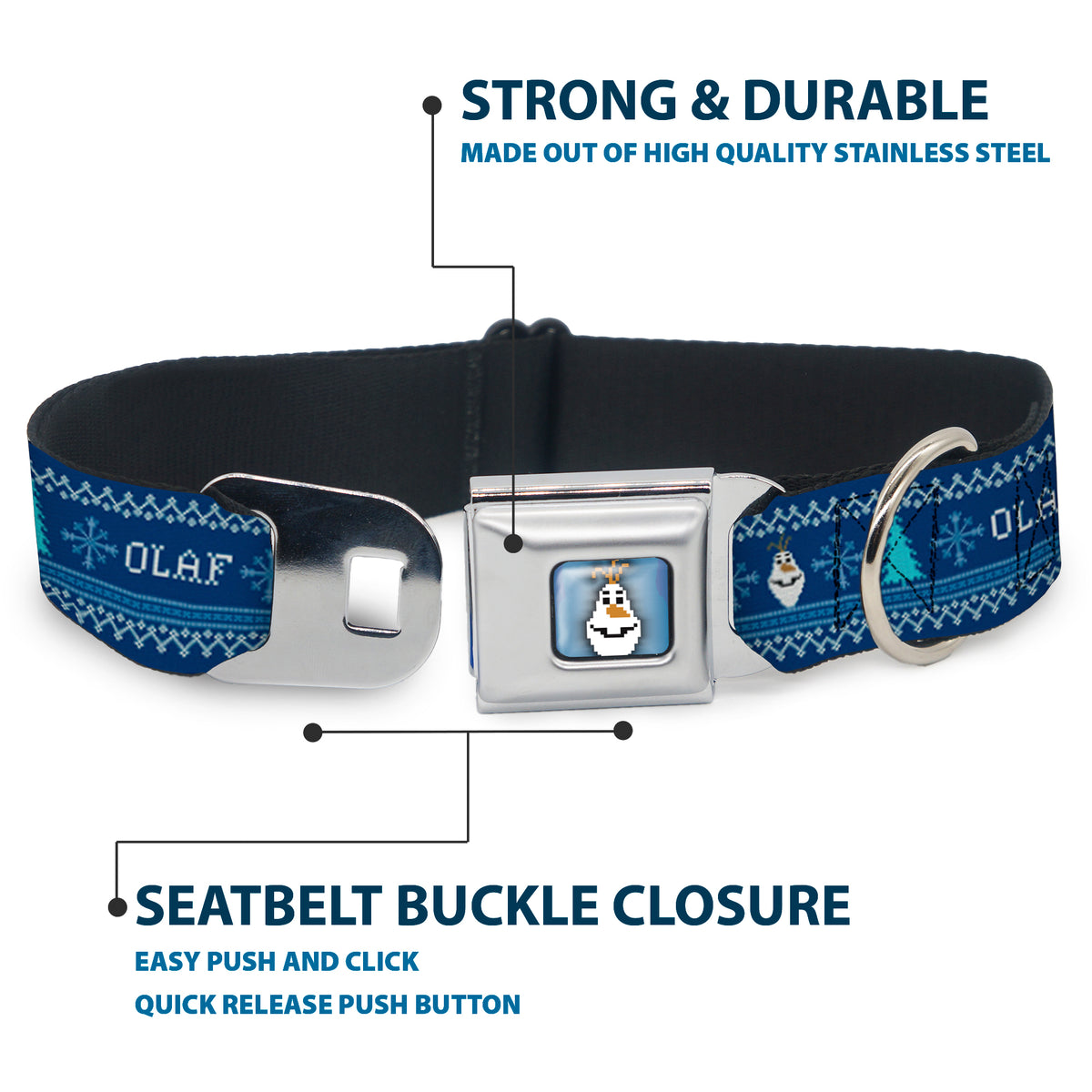 Olaf Face Snowflakes Stitch Full Color Blues White Seatbelt Buckle Collar - Olaf/Snowflakes Stitch Blues/White Dog Collars Seatbelt Buckle Disney