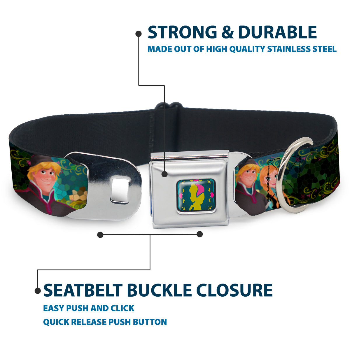 Anna Silhouette Full Color Blues Green Pink Seatbelt Buckle Collar - Anna & Hans/Anna & Kristoff Poses Dog Collars Seatbelt Buckle Disney