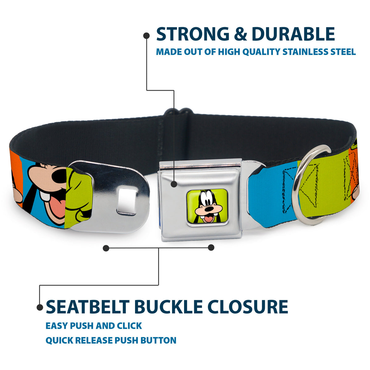 Goofy Hat Full Color Green/Black Seatbelt Buckle Collar - Goofy Face and Hat Blocks Multi Color Dog Collars Seatbelt Buckle Disney