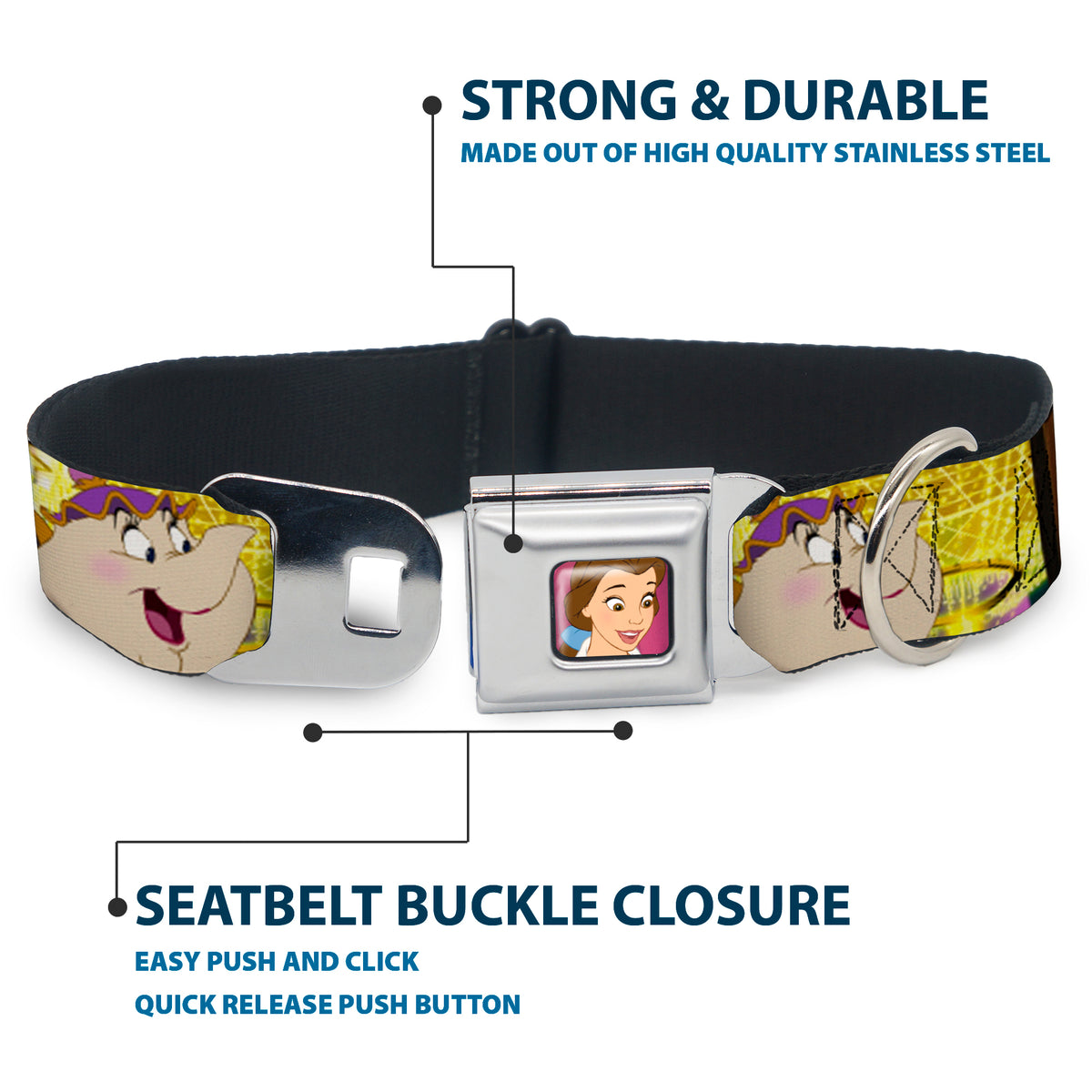 Dog Collar DYEL-Surprised Belle Full Color Pink - Beauty & the Beast Be Our Guest Scenes Dog Collars Seatbelt Buckle Disney