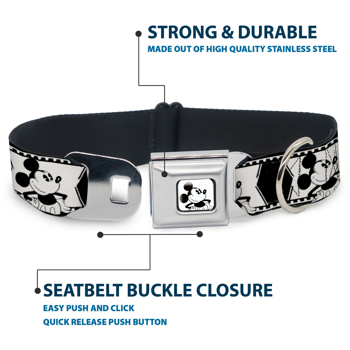 Mickey Standing Full Color White/Black Seatbelt Buckle Collar - Mickey Standing Pose Film Strip White/Black Dog Collars Seatbelt Buckle Disney