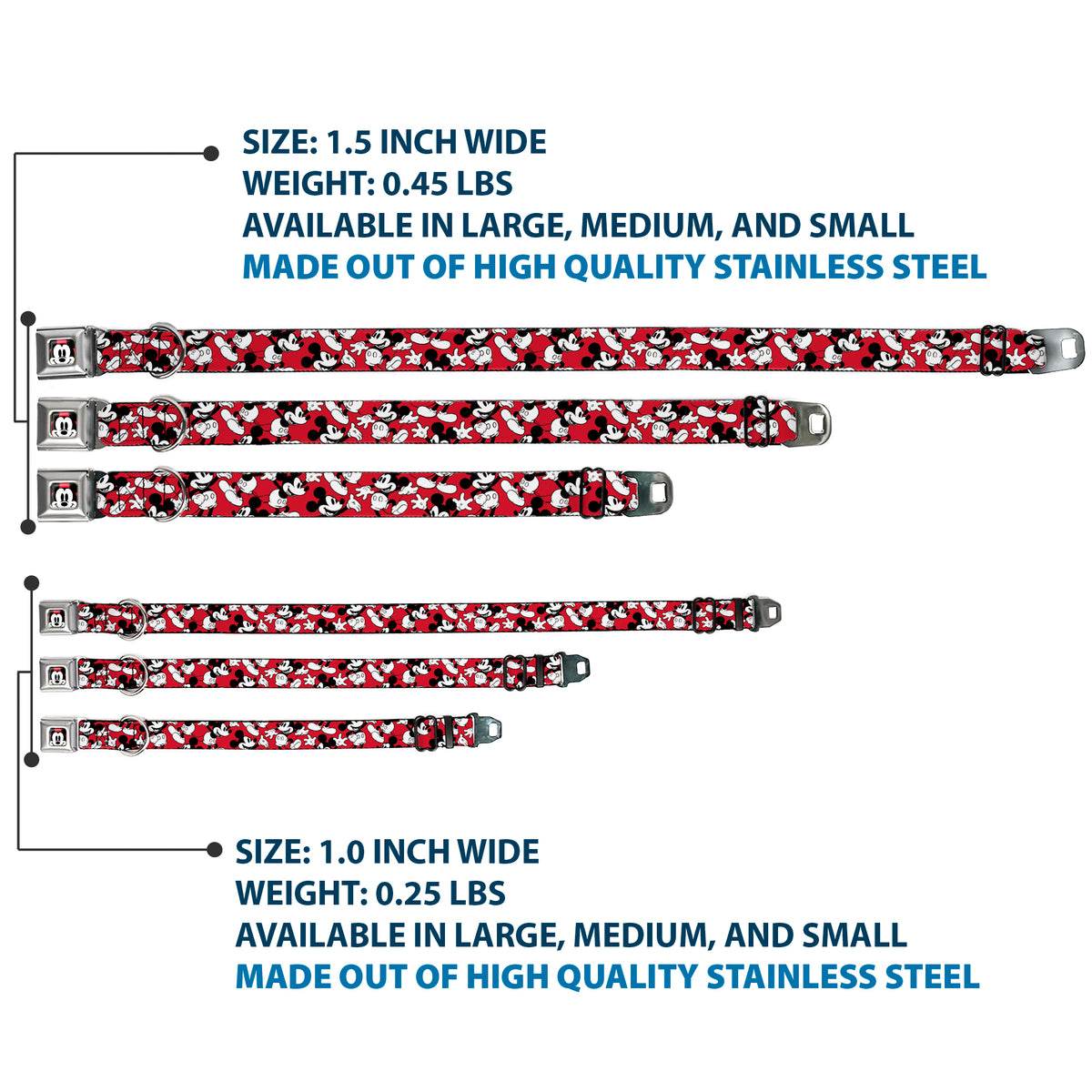 Mickey Mouse Face2 CLOSE-UP Full Color Red Black White Seatbelt Buckle Collar - Mickey Mouse Poses Scattered Red/Black/White Dog Collars Seatbelt Buckle Disney