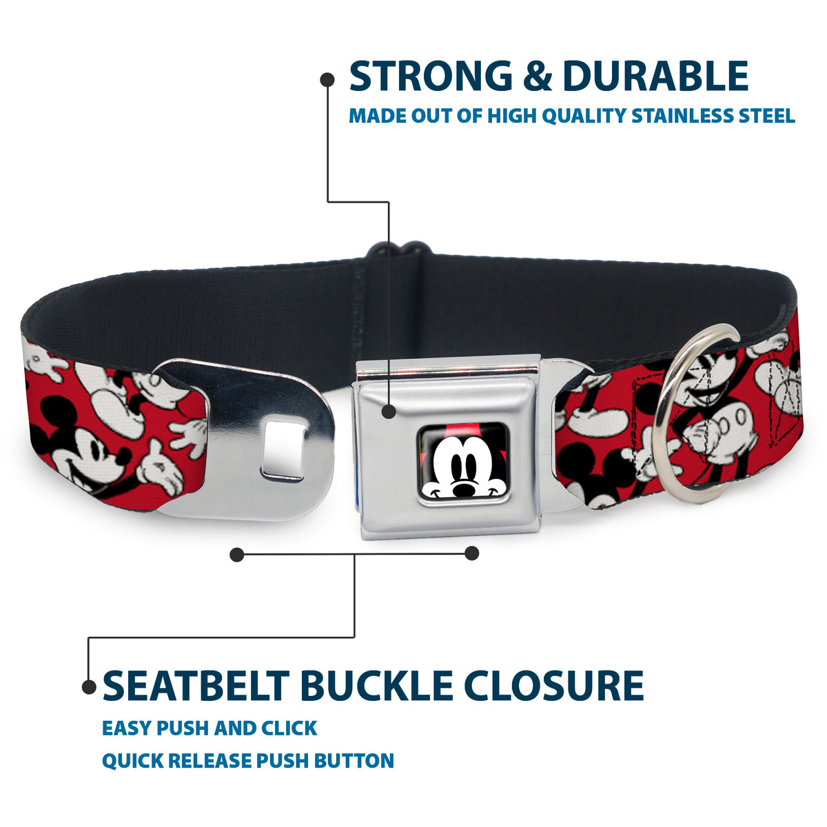 Mickey Mouse Face2 CLOSE-UP Full Color Red Black White Seatbelt Buckle Collar - Mickey Mouse Poses Scattered Red/Black/White Dog Collars Seatbelt Buckle Disney