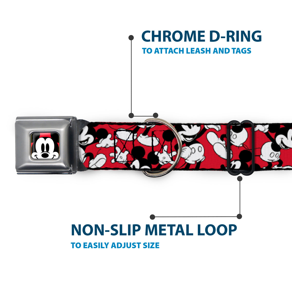 Mickey Mouse Face2 CLOSE-UP Full Color Red Black White Seatbelt Buckle Collar - Mickey Mouse Poses Scattered Red/Black/White Dog Collars Seatbelt Buckle Disney