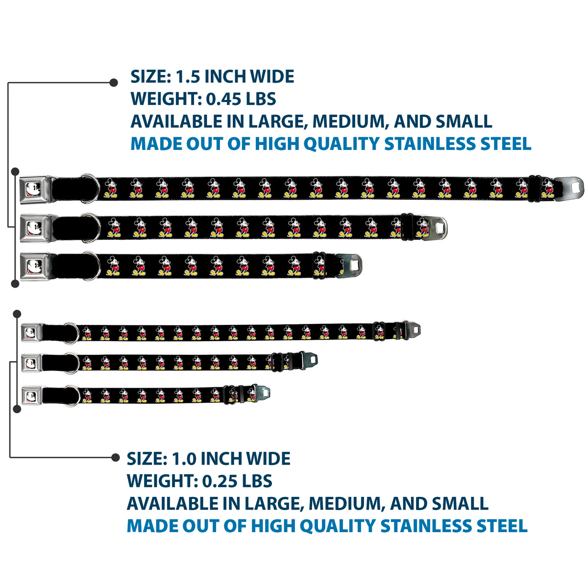 Classic Mickey Mouse Face CLOSE-UP Full Color Seatbelt Buckle Collar - Classic Mickey Mouse Pose Black Dog Collars Seatbelt Buckle Disney