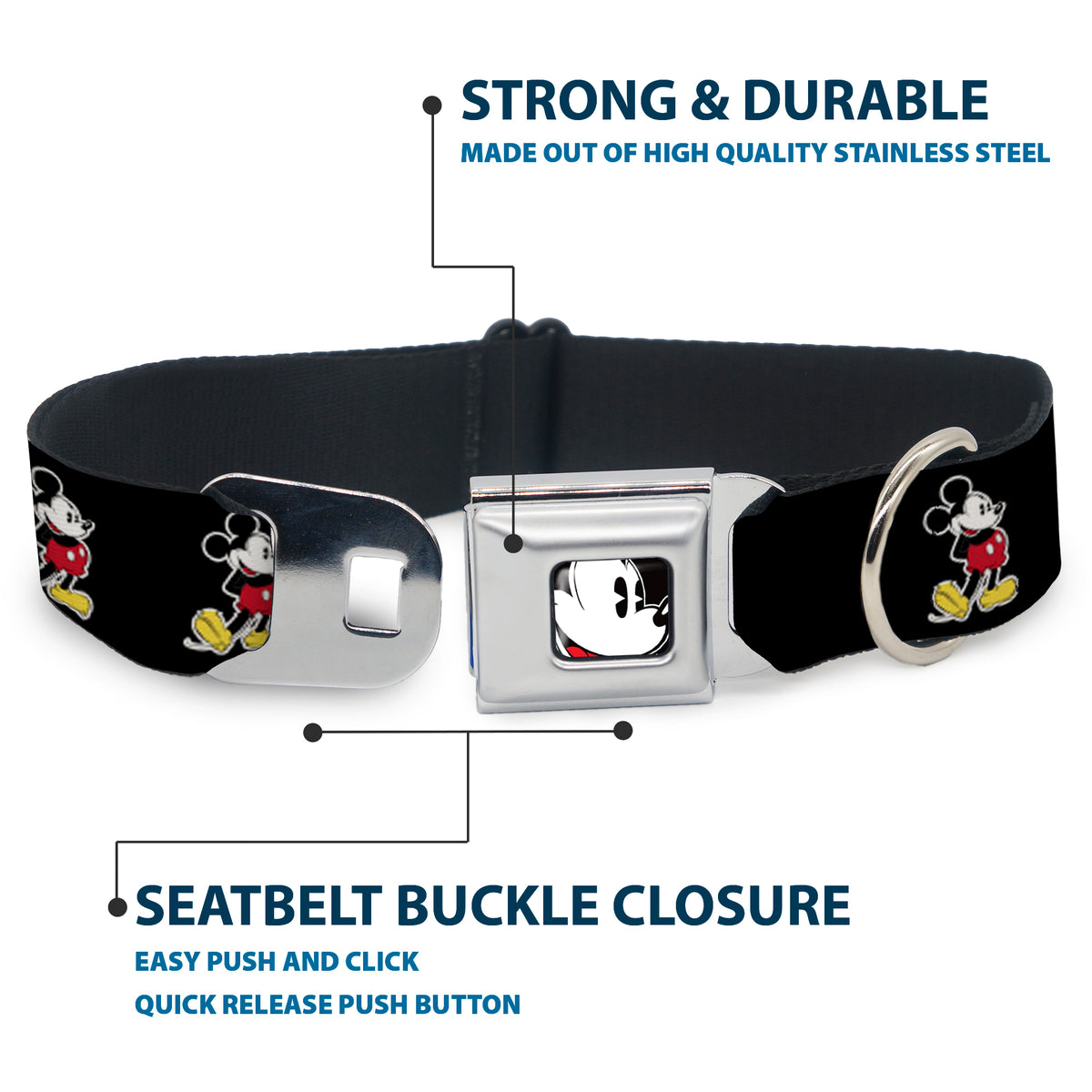 Classic Mickey Mouse Face CLOSE-UP Full Color Seatbelt Buckle Collar - Classic Mickey Mouse Pose Black Dog Collars Seatbelt Buckle Disney