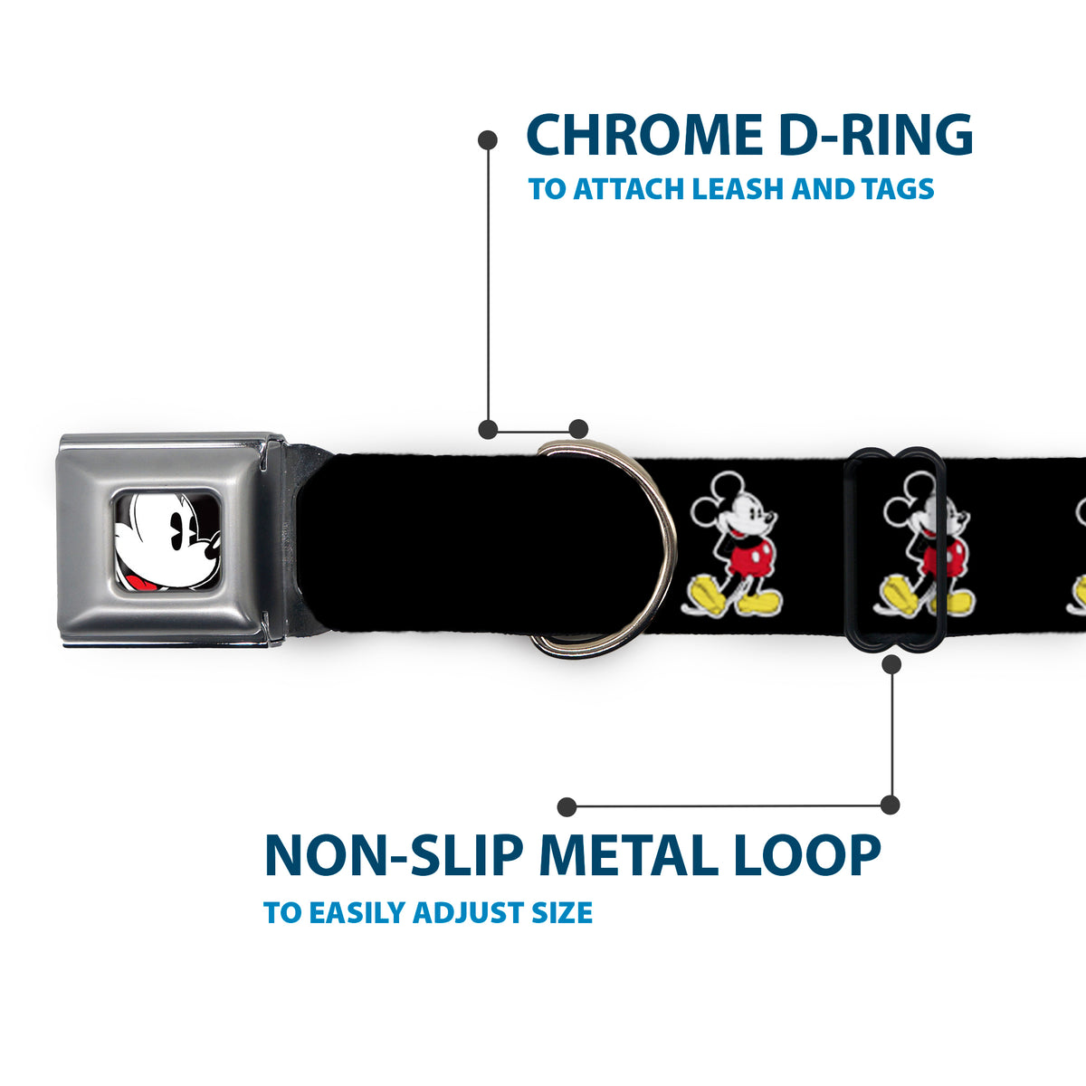 Classic Mickey Mouse Face CLOSE-UP Full Color Seatbelt Buckle Collar - Classic Mickey Mouse Pose Black Dog Collars Seatbelt Buckle Disney