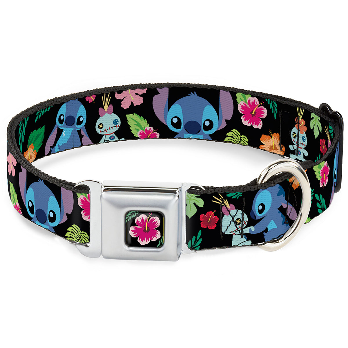 Lilo & Stitch Hibiscus Flower Full Color Black/Pink Seatbelt Buckle Collar - Stitch & Scrump Poses/Tropical Flora Dog Collars Seatbelt Buckle Disney
