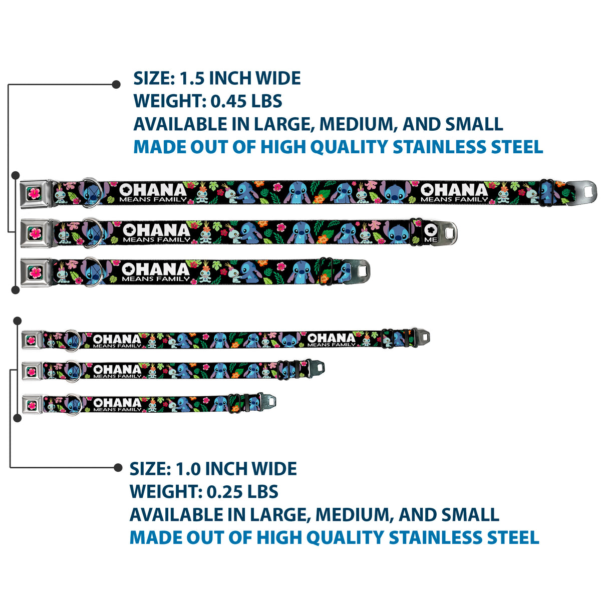 Lilo & Stitch Hibiscus Flower Full Color Black Pink Seatbelt Buckle Collar - OHANA MEANS FAMILY/Stitch & Scrump Poses/Tropical Flora Black/White/Multi Color Dog Collars Seatbelt Buckle Disney