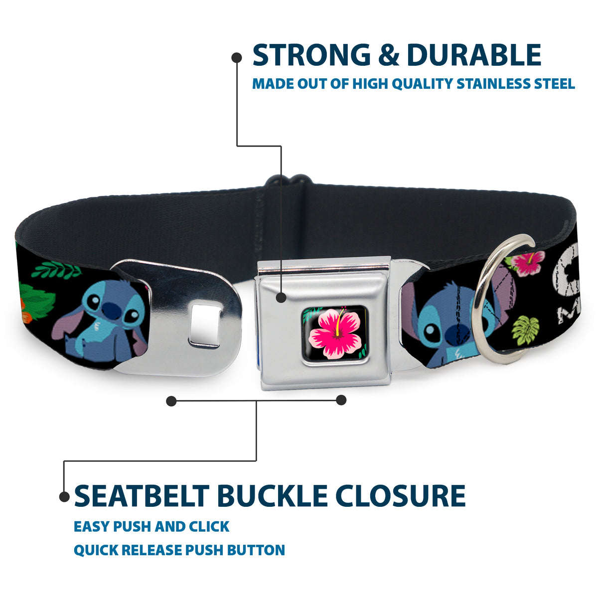 Lilo & Stitch Hibiscus Flower Full Color Black Pink Seatbelt Buckle Collar - OHANA MEANS FAMILY/Stitch & Scrump Poses/Tropical Flora Black/White/Multi Color Dog Collars Seatbelt Buckle Disney
