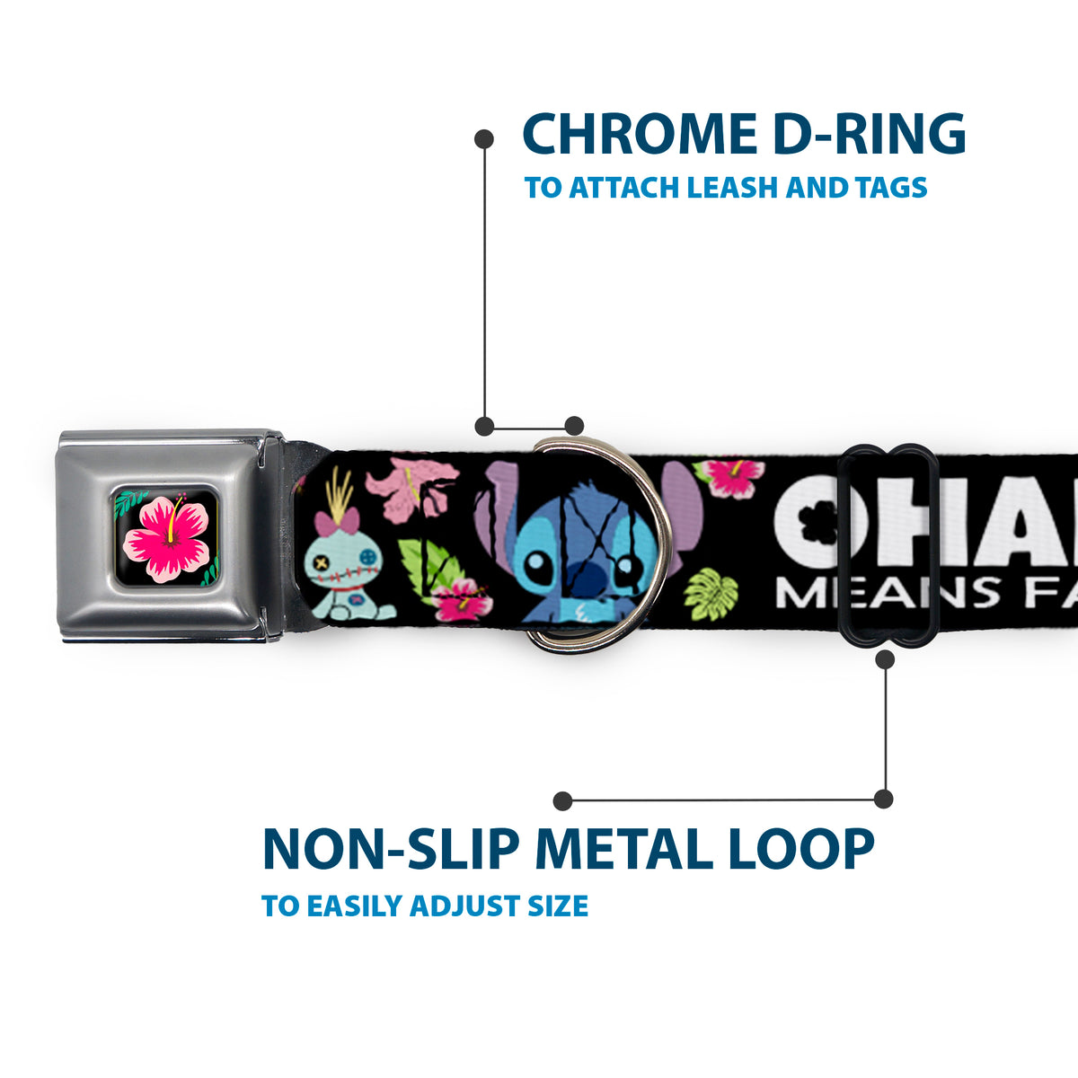 Lilo & Stitch Hibiscus Flower Full Color Black Pink Seatbelt Buckle Collar - OHANA MEANS FAMILY/Stitch & Scrump Poses/Tropical Flora Black/White/Multi Color Dog Collars Seatbelt Buckle Disney