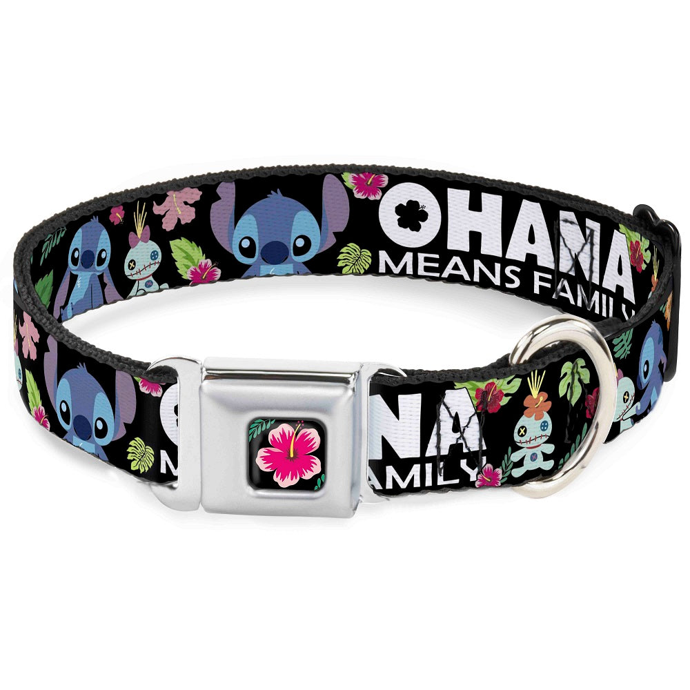 Lilo & Stitch Hibiscus Flower Full Color Black Pink Seatbelt Buckle Collar - OHANA MEANS FAMILY/Stitch & Scrump Poses/Tropical Flora Black/White/Multi Color Dog Collars Seatbelt Buckle Disney