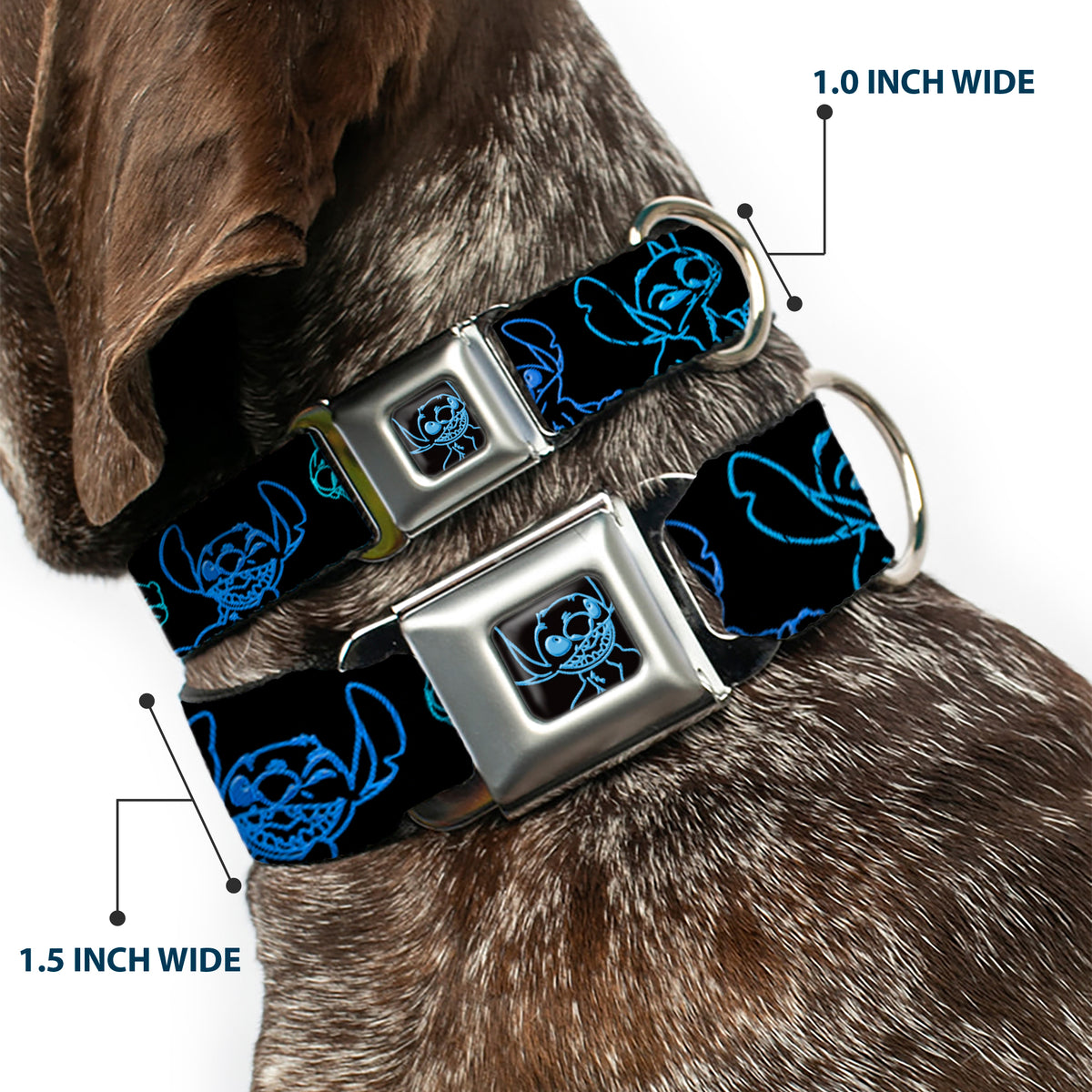 Stitch Pose Full Color Black/Neon Blue Seatbelt Buckle Collar - Electric Stitch Poses Black/Neon Blue Dog Collars Seatbelt Buckle Disney
