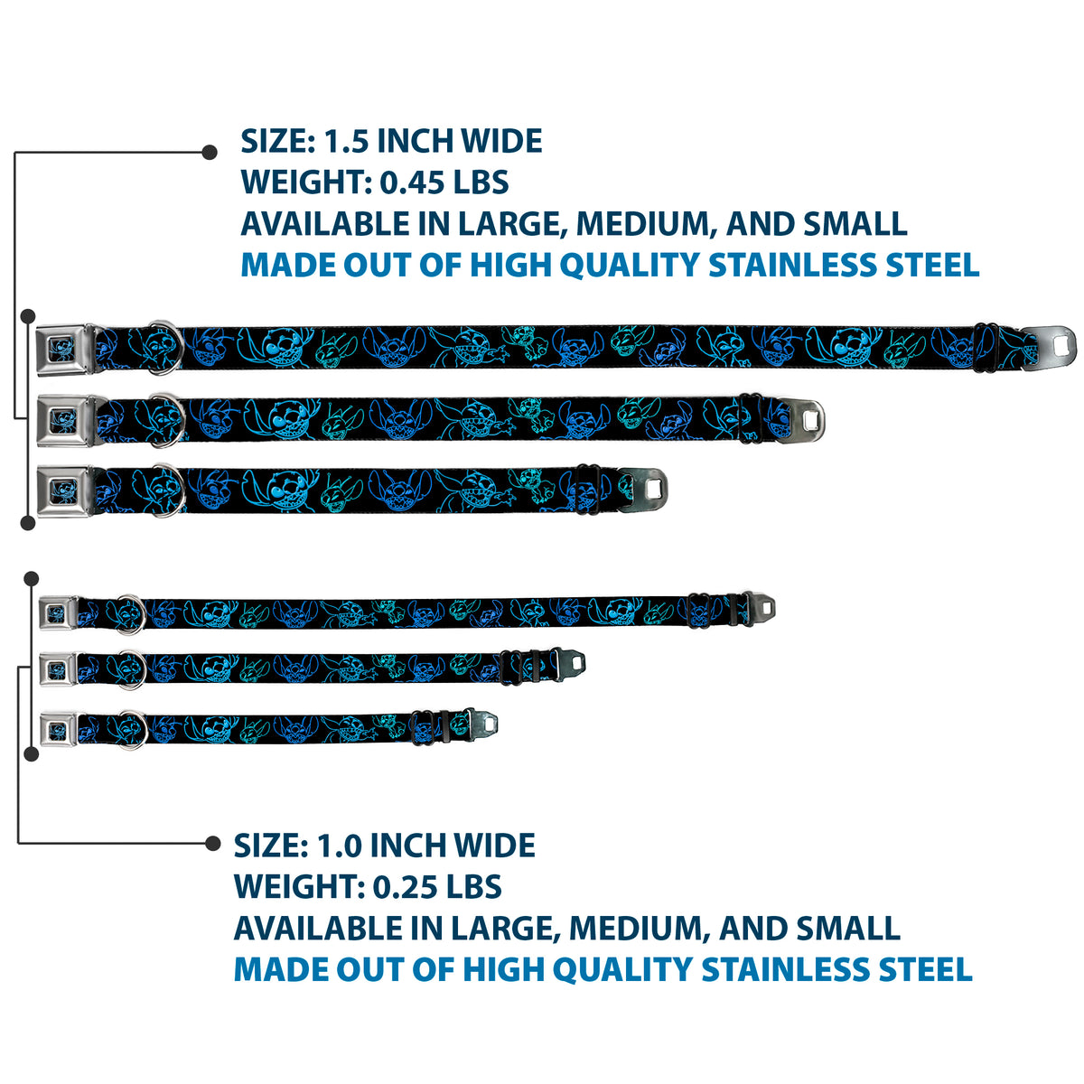 Stitch Pose Full Color Black/Neon Blue Seatbelt Buckle Collar - Electric Stitch Poses Black/Neon Blue Dog Collars Seatbelt Buckle Disney
