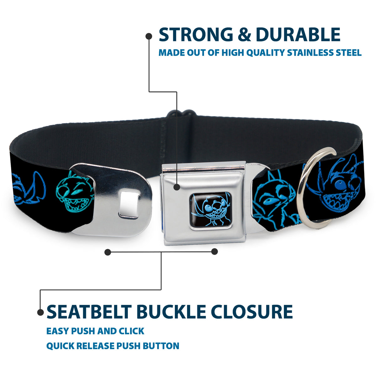 Stitch Pose Full Color Black/Neon Blue Seatbelt Buckle Collar - Electric Stitch Poses Black/Neon Blue Dog Collars Seatbelt Buckle Disney