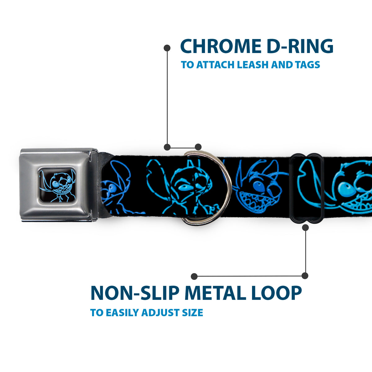 Stitch Pose Full Color Black/Neon Blue Seatbelt Buckle Collar - Electric Stitch Poses Black/Neon Blue Dog Collars Seatbelt Buckle Disney