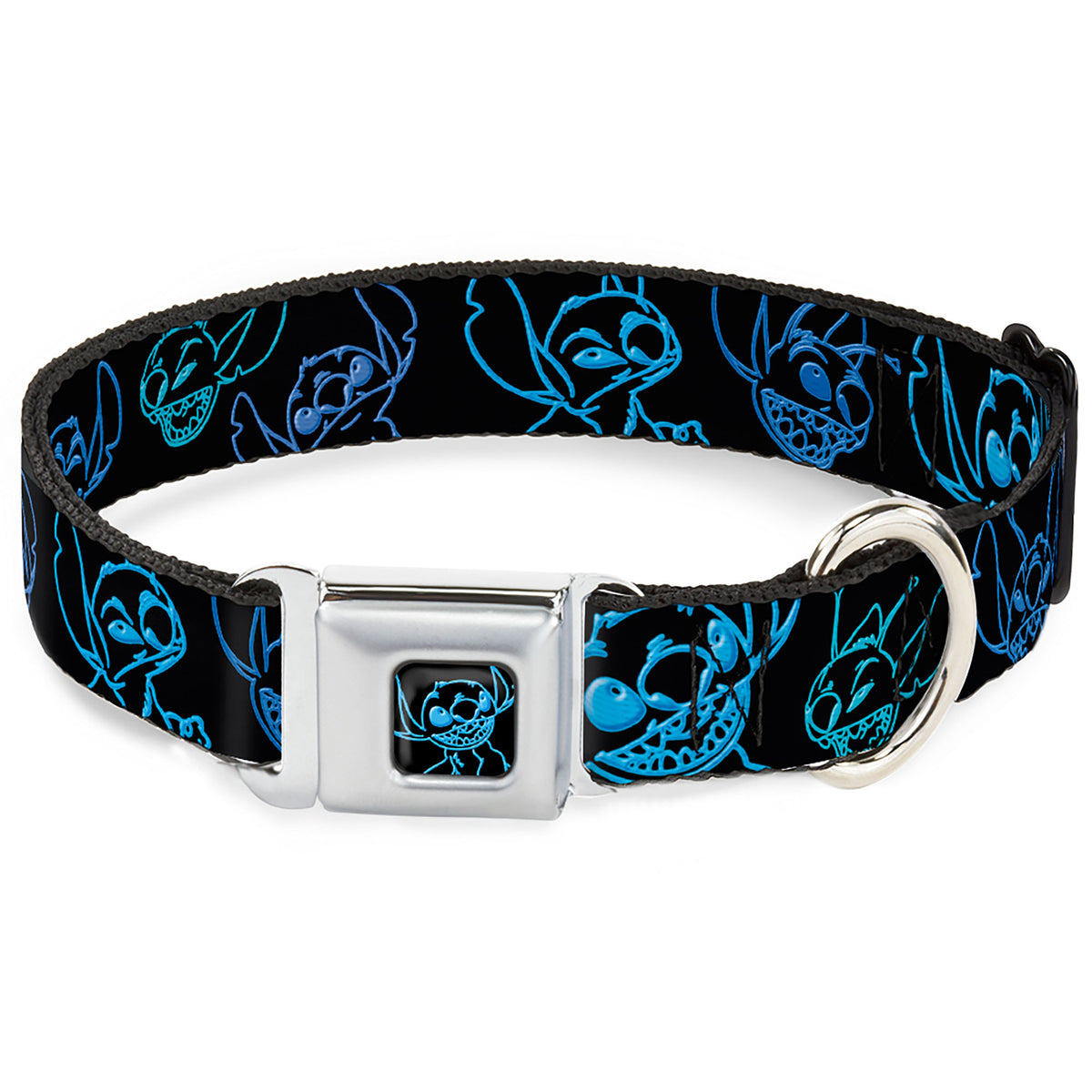 Stitch Pose Full Color Black/Neon Blue Seatbelt Buckle Collar - Electric Stitch Poses Black/Neon Blue Dog Collars Seatbelt Buckle Disney