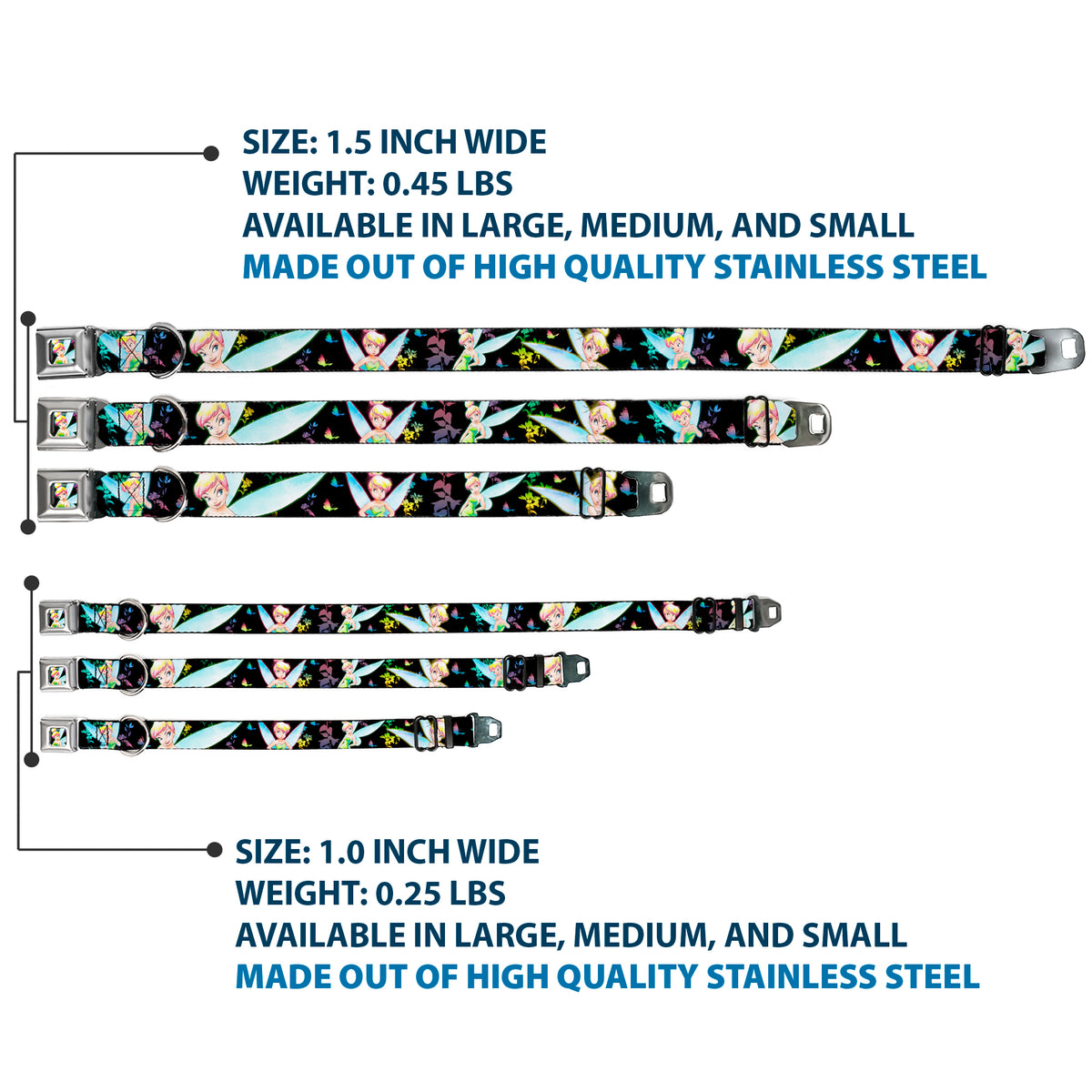 Glowing Tinker Bell Pose Full Color Seatbelt Buckle Collar - Glowing Tinker Bell Poses/Butterflies & Flowers Black/Multi Neon Dog Collars Seatbelt Buckle Disney
