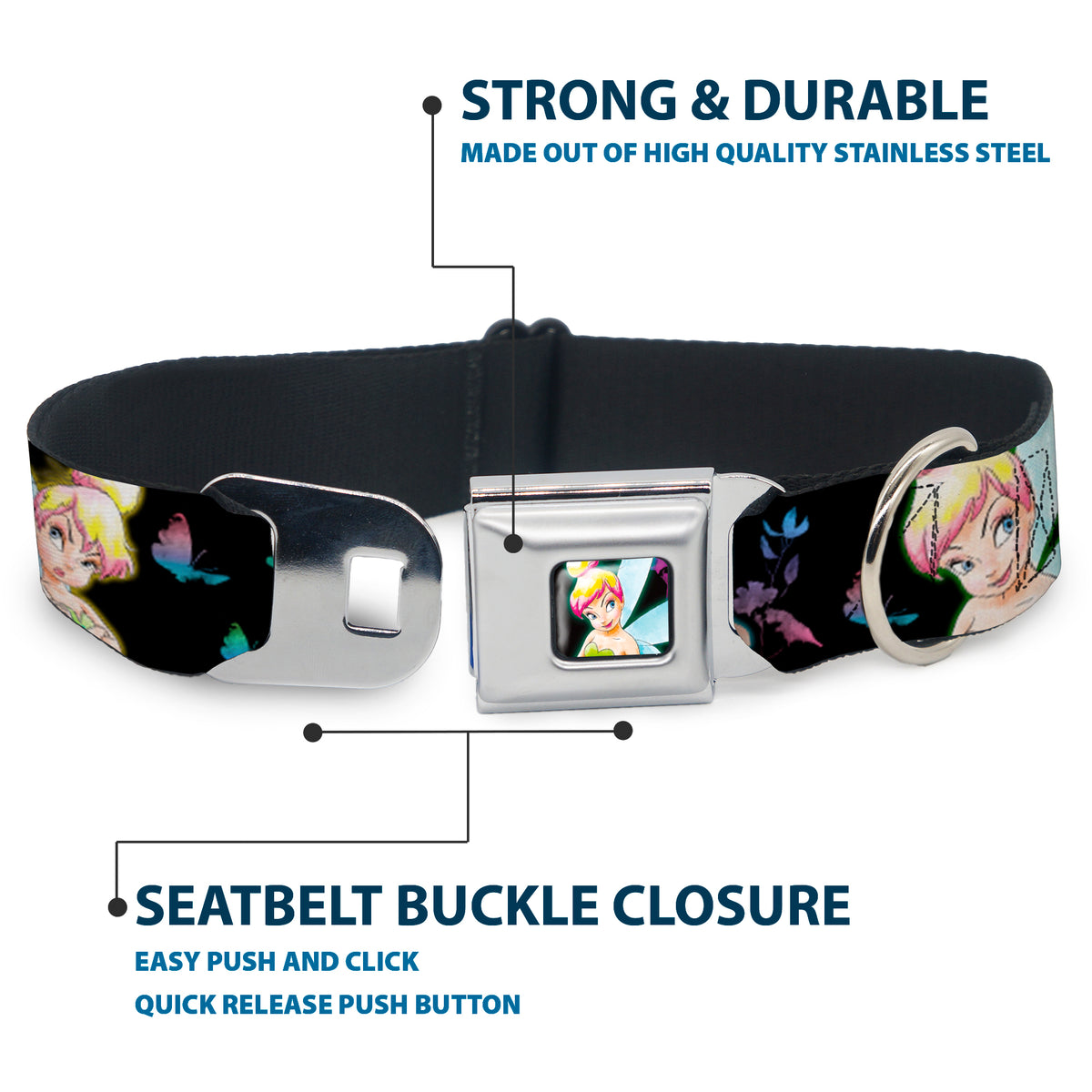 Glowing Tinker Bell Pose Full Color Seatbelt Buckle Collar - Glowing Tinker Bell Poses/Butterflies & Flowers Black/Multi Neon Dog Collars Seatbelt Buckle Disney
