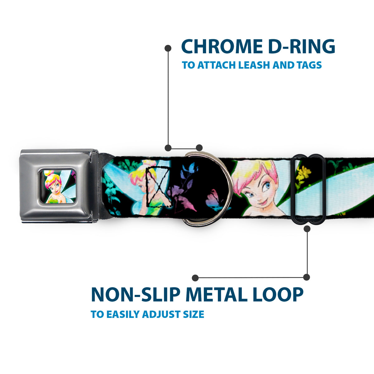 Glowing Tinker Bell Pose Full Color Seatbelt Buckle Collar - Glowing Tinker Bell Poses/Butterflies & Flowers Black/Multi Neon Dog Collars Seatbelt Buckle Disney
