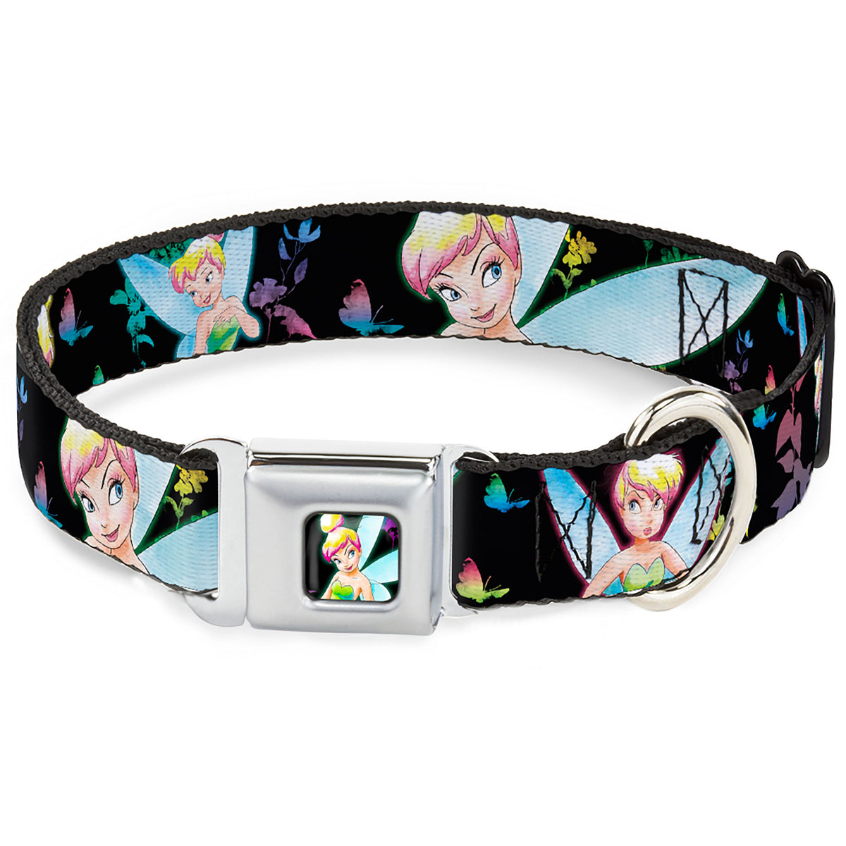 Glowing Tinker Bell Pose Full Color Seatbelt Buckle Collar - Glowing Tinker Bell Poses/Butterflies & Flowers Black/Multi Neon Dog Collars Seatbelt Buckle Disney