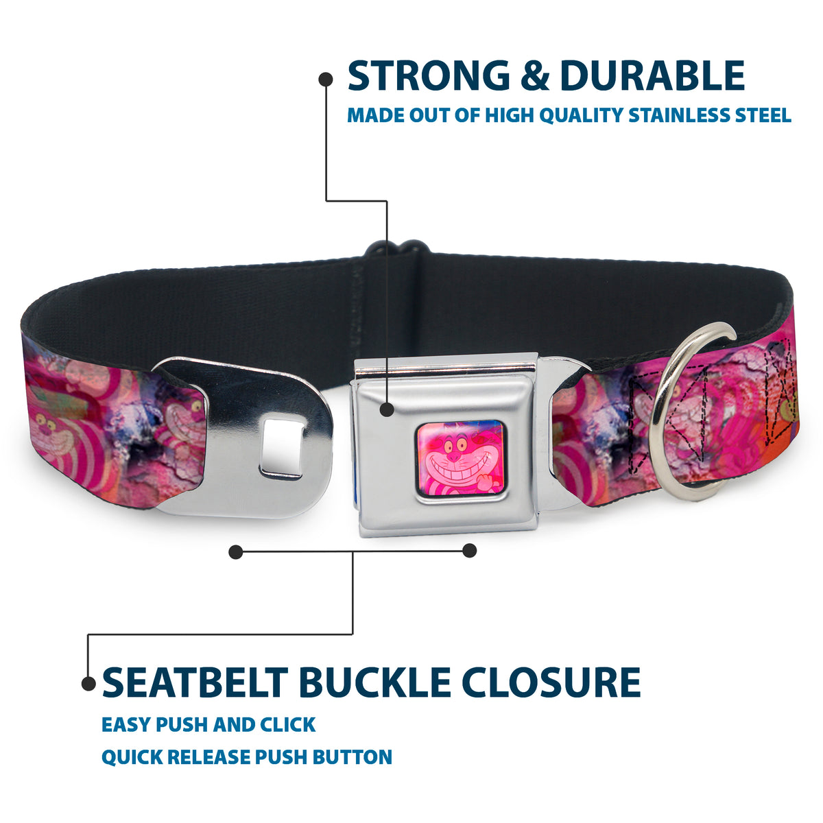 Transparent Cheshire Cat Face Full Color Seatbelt Buckle Collar - Transparent Cheshire Cat Poses WE'RE ALL MAD HERE Dog Collars Seatbelt Buckle Disney