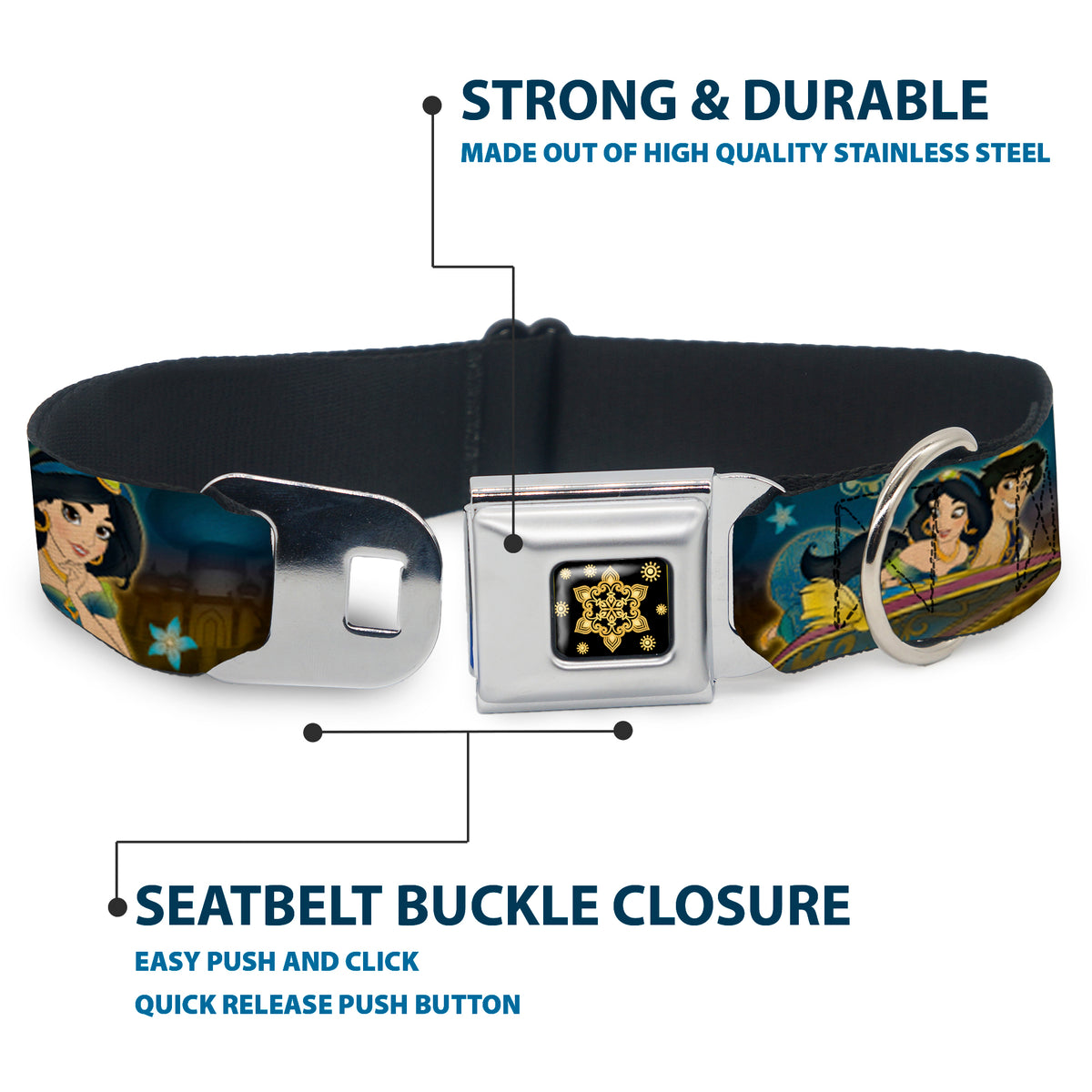 Aladdin Flower Motif Full Color Black/Gold Seatbelt Buckle Collar - Jasmine & Aladdin Carpet Ride/Jasmine Poses/Flowers Dog Collars Seatbelt Buckle Disney
