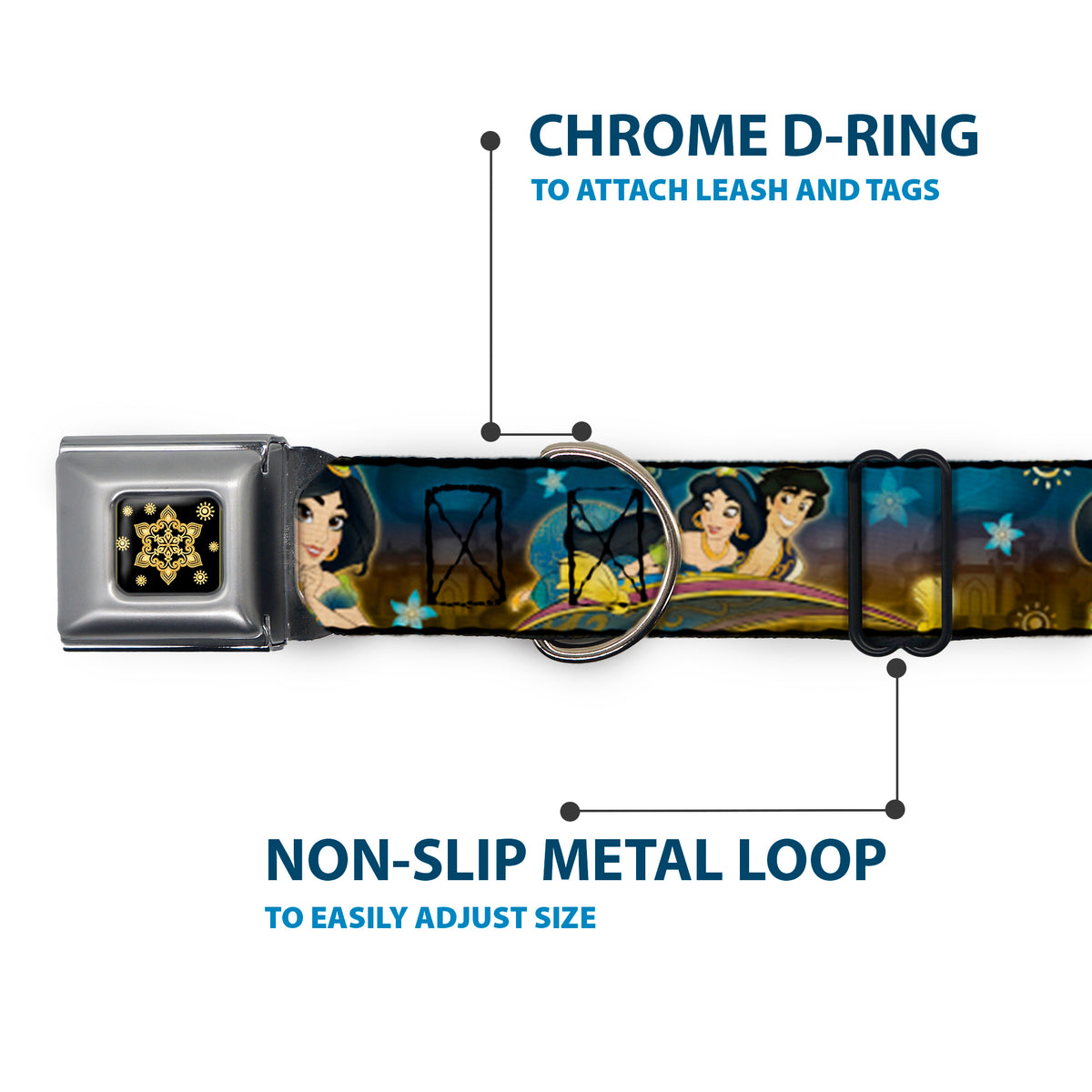 Aladdin Flower Motif Full Color Black/Gold Seatbelt Buckle Collar - Jasmine & Aladdin Carpet Ride/Jasmine Poses/Flowers Dog Collars Seatbelt Buckle Disney
