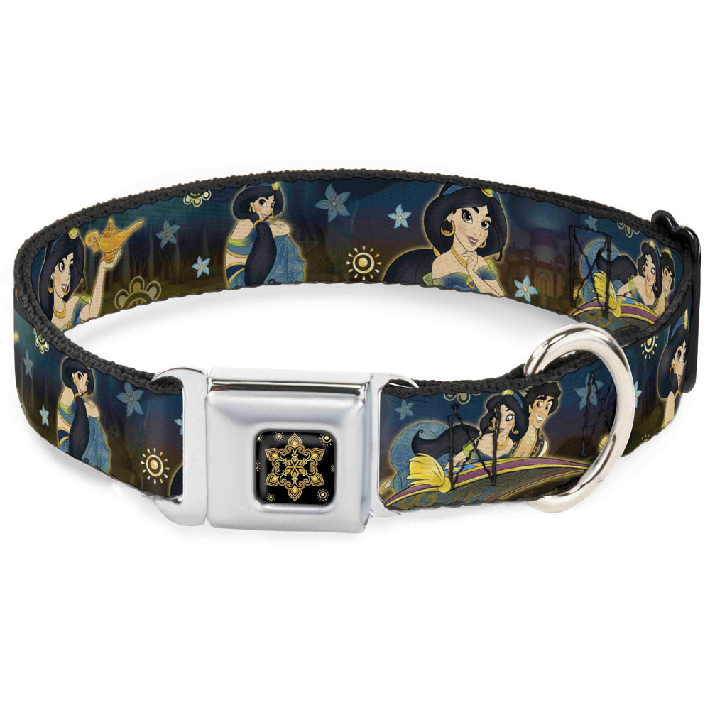 Aladdin Flower Motif Full Color Black/Gold Seatbelt Buckle Collar - Jasmine & Aladdin Carpet Ride/Jasmine Poses/Flowers Dog Collars Seatbelt Buckle Disney