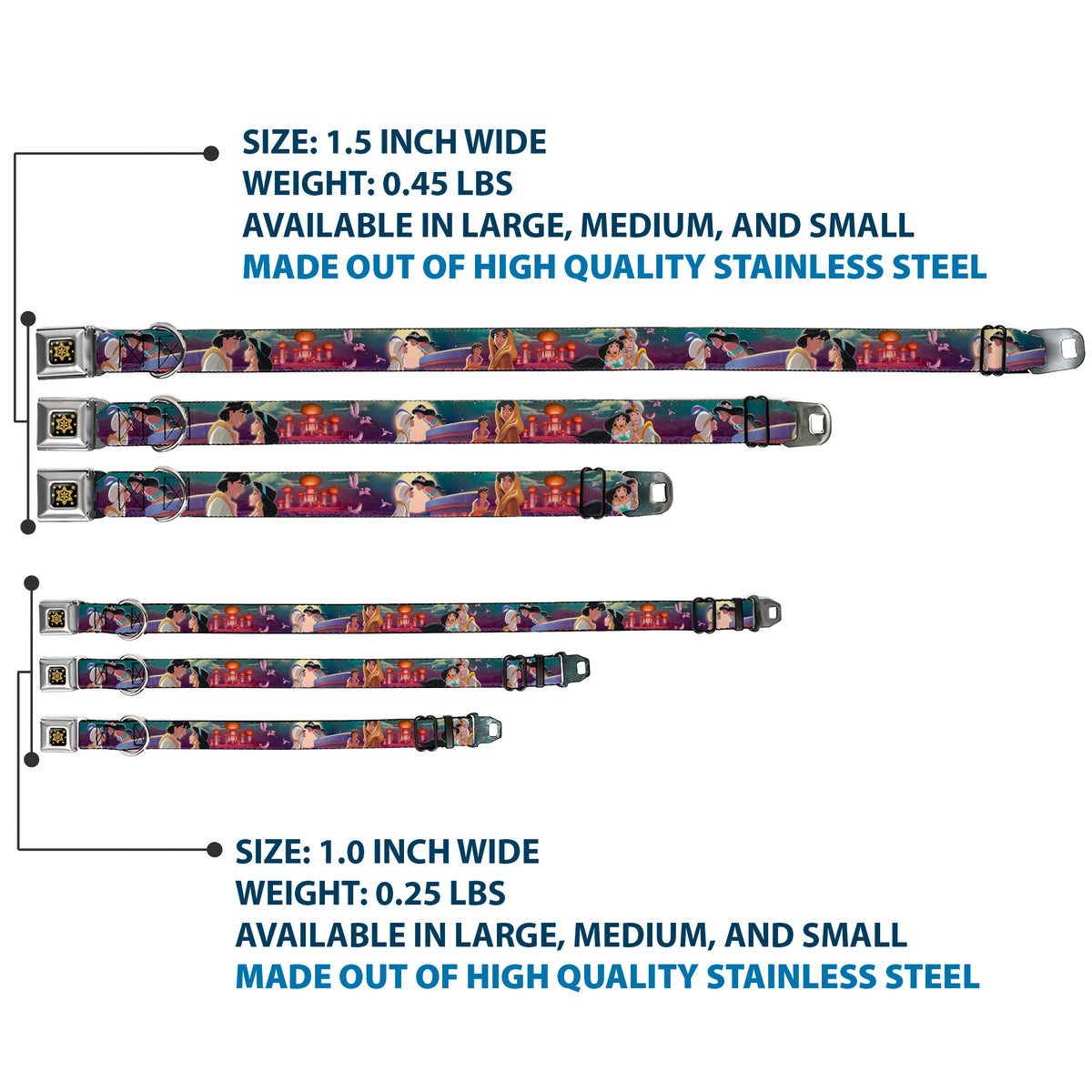 Aladdin Flower Motif Full Color Black/Gold Seatbelt Buckle Collar - Aladdin & Jasmine Scenes/Castle/Birds Dog Collars Seatbelt Buckle Disney