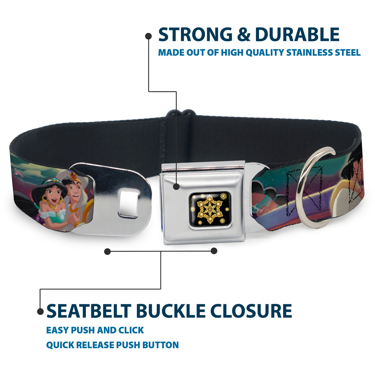 Aladdin Flower Motif Full Color Black/Gold Seatbelt Buckle Collar - Aladdin & Jasmine Scenes/Castle/Birds Dog Collars Seatbelt Buckle Disney