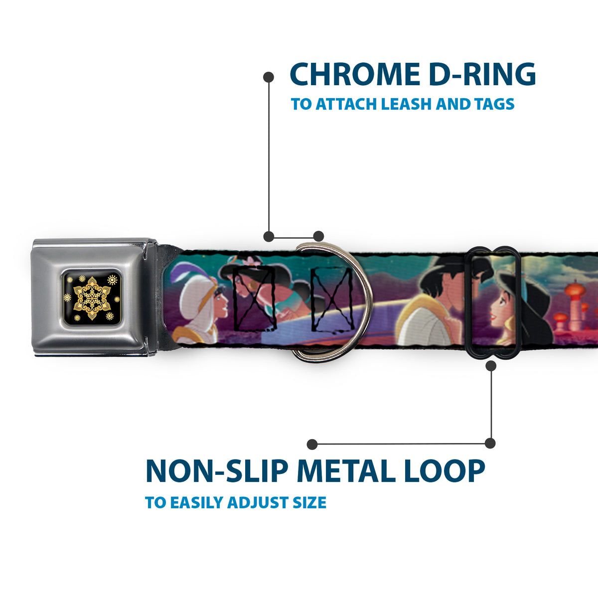 Aladdin Flower Motif Full Color Black/Gold Seatbelt Buckle Collar - Aladdin & Jasmine Scenes/Castle/Birds Dog Collars Seatbelt Buckle Disney