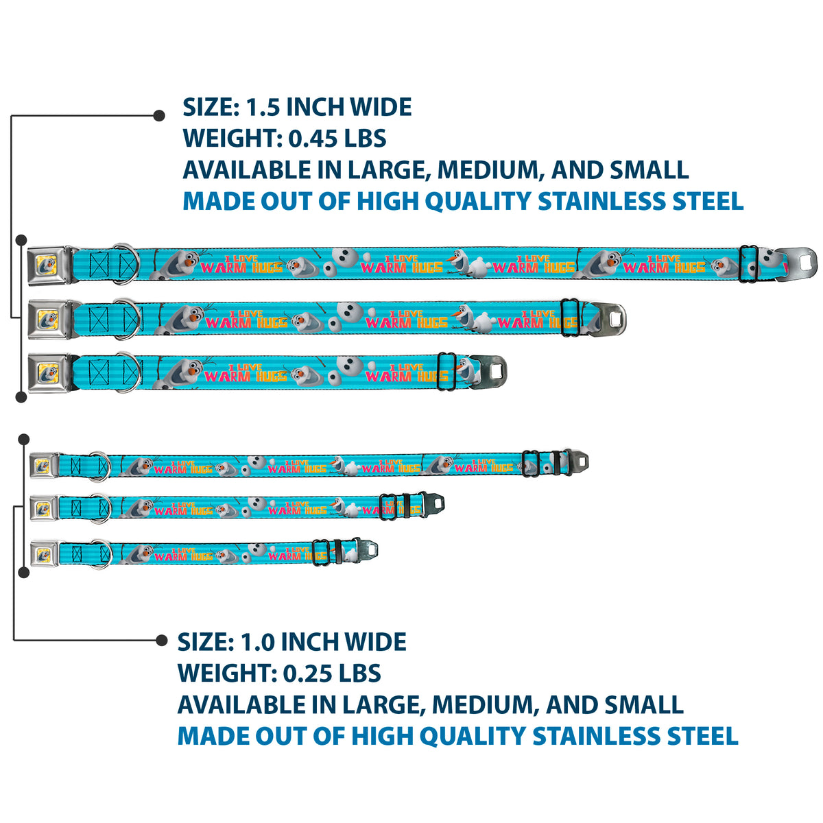 Olaf Face Frozen Sun Full Color Seatbelt Buckle Collar - Olaf Pose I LOVE WARM HUGS Stripe Blues Dog Collars Seatbelt Buckle Disney