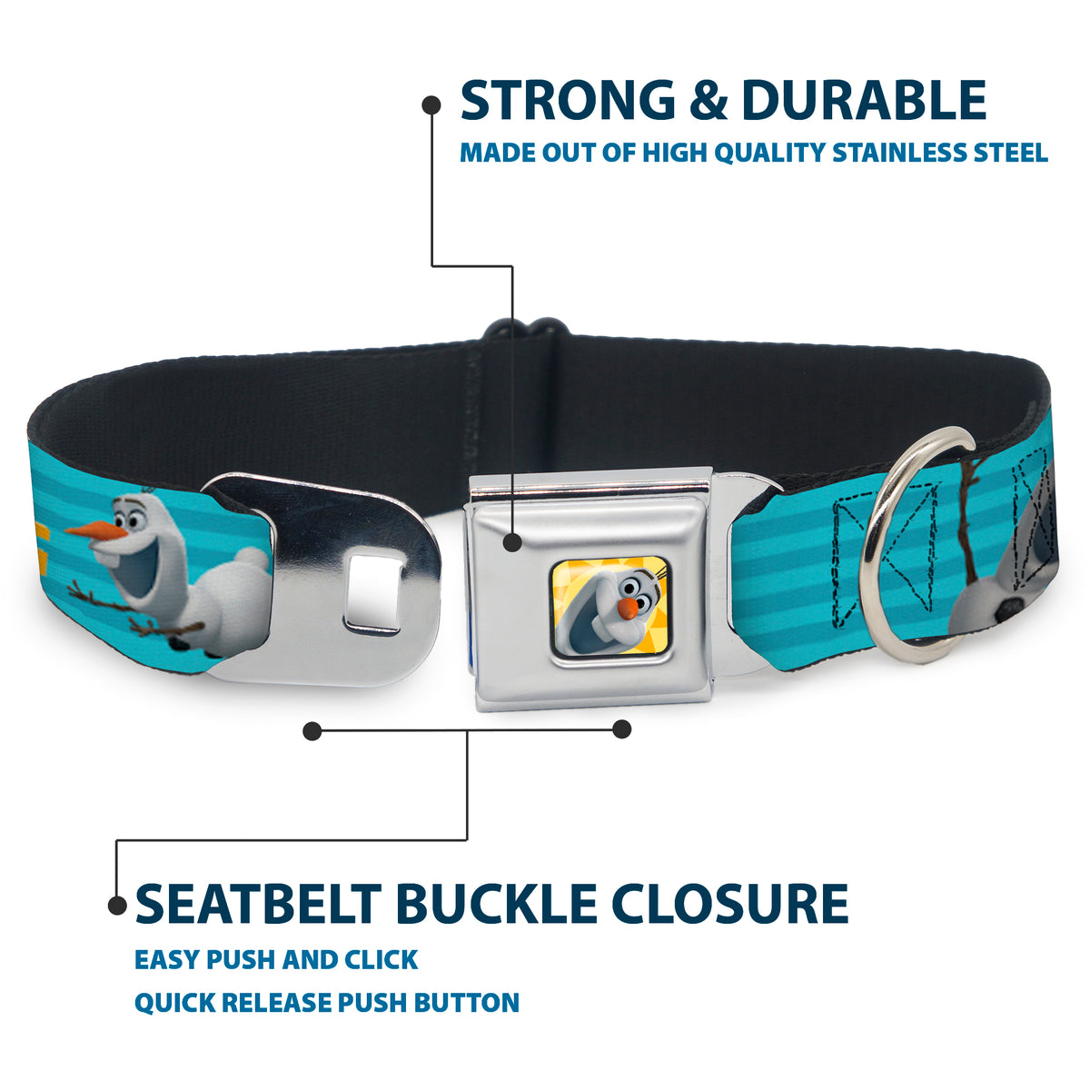Olaf Face Frozen Sun Full Color Seatbelt Buckle Collar - Olaf Pose I LOVE WARM HUGS Stripe Blues Dog Collars Seatbelt Buckle Disney
