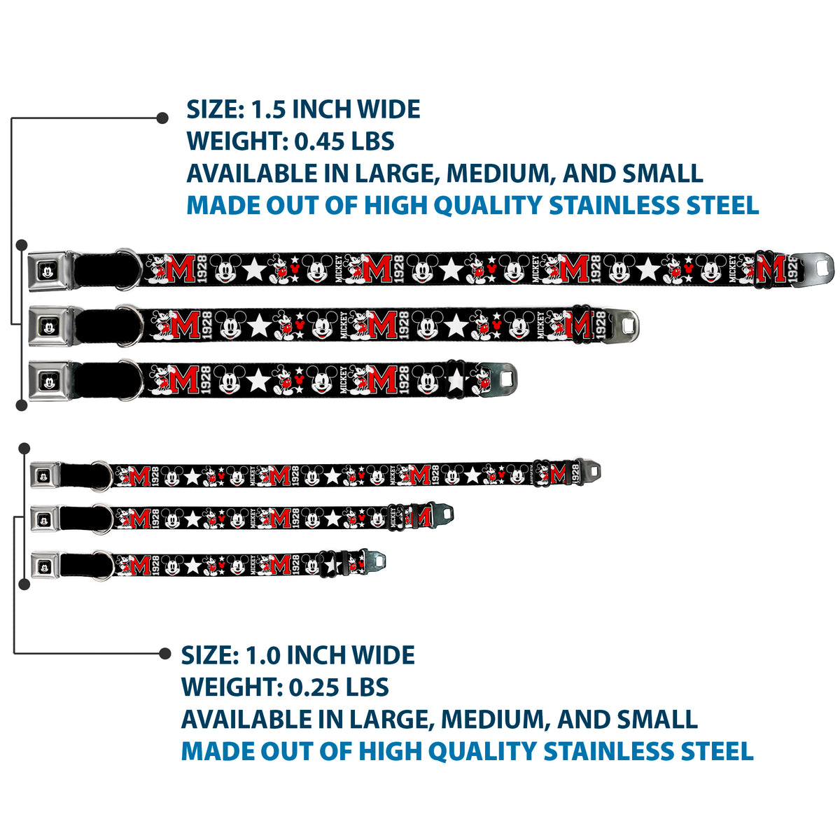 Mickey Mouse Face Full Color Black Seatbelt Buckle Collar - Classic Mickey Mouse 1928 Collage Black/White/Red Dog Collars Seatbelt Buckle Disney